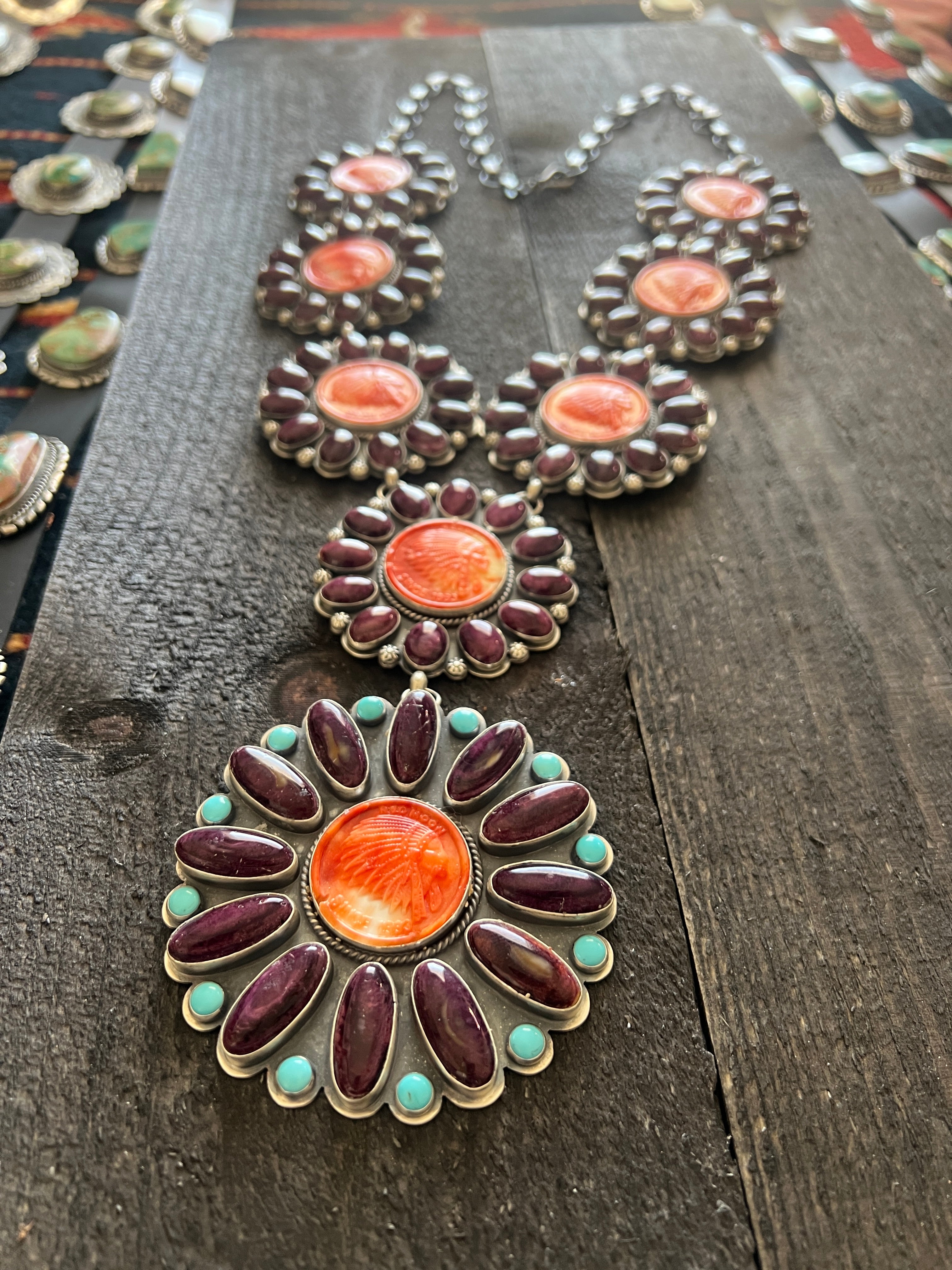 Handcrafted Stunning Sterling Silver, Carved Spiny Oyster and Turquoise Necklace by Gilbert Platero