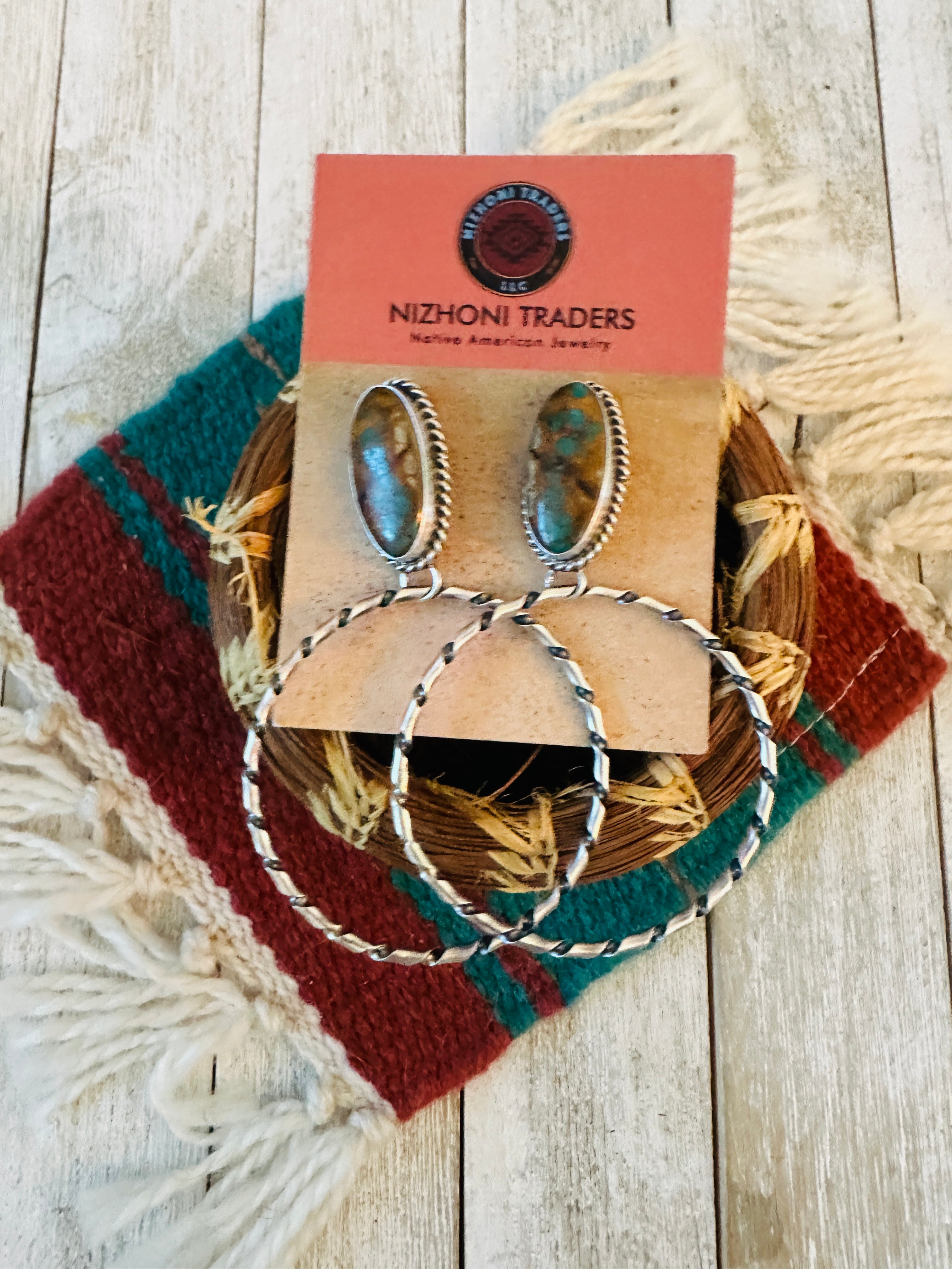 Navajo Ribbon Turquoise and Sterling Silver Dangle Hoop Earrings