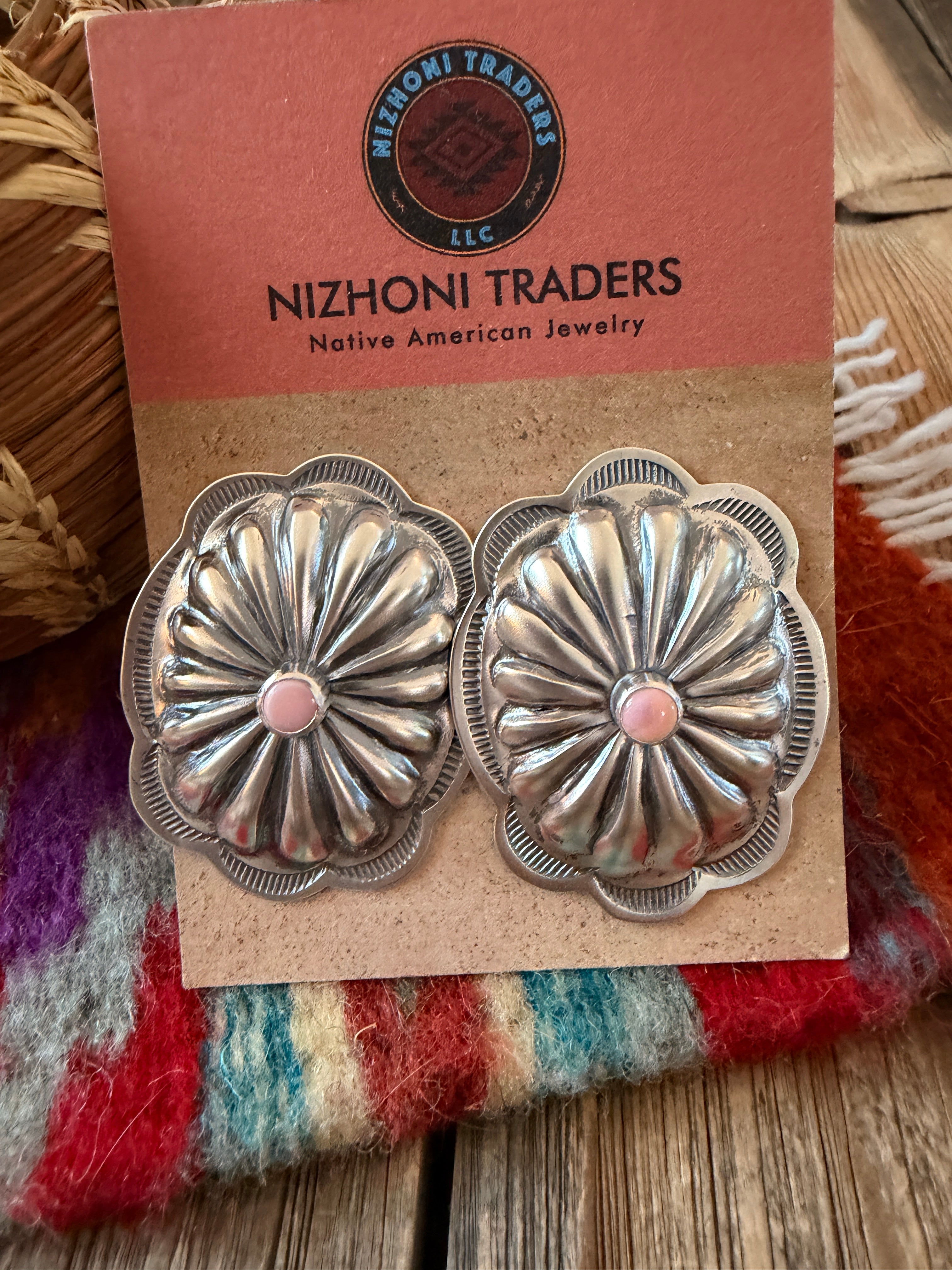Handcrafted Queen Pink Conch & Sterling Silver Concho Post Earrings