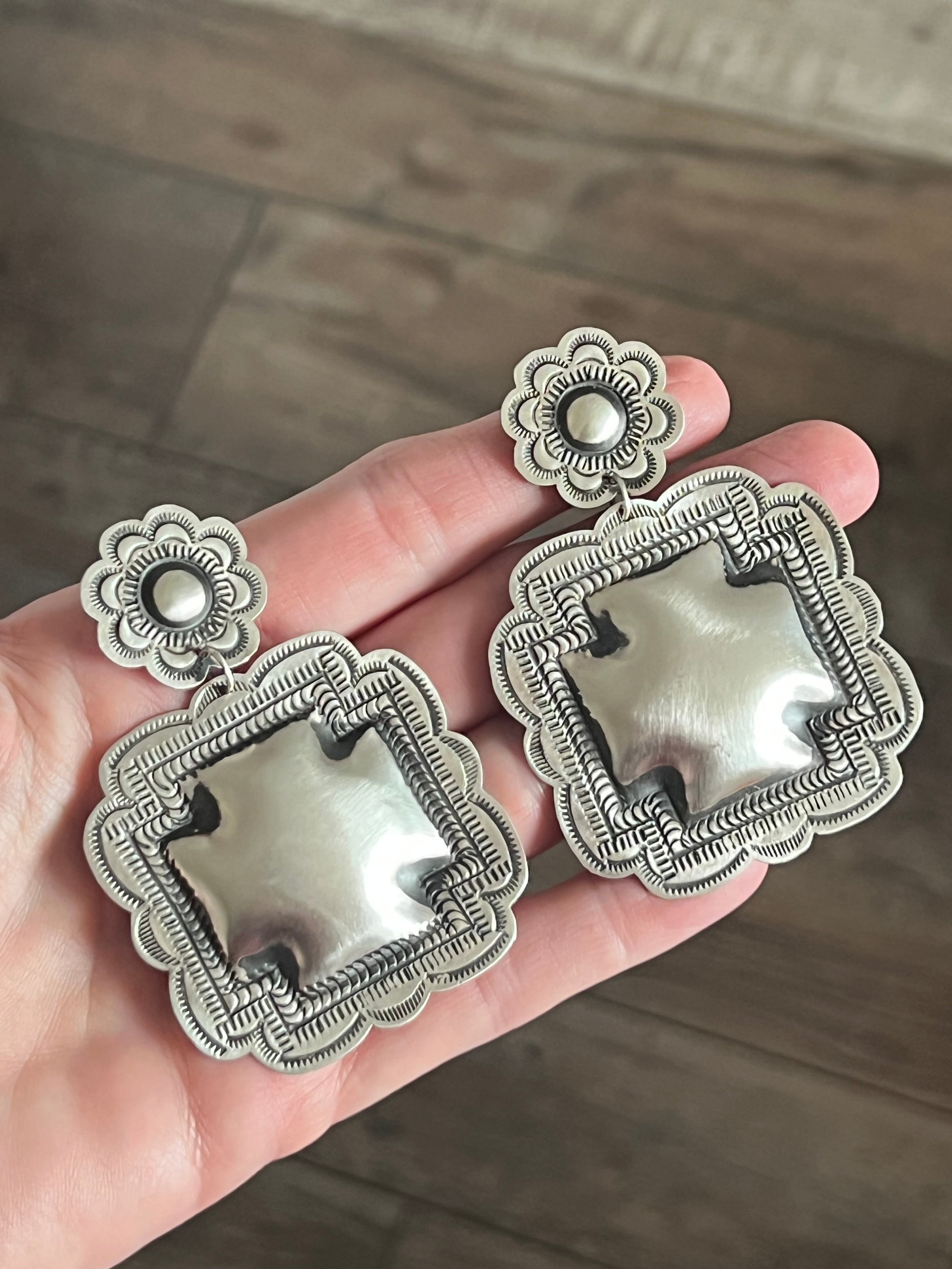 Handcrafted Sterling Silver Stamped Repousse Santa Fe Cross Earrings by Leander Tahe, C3