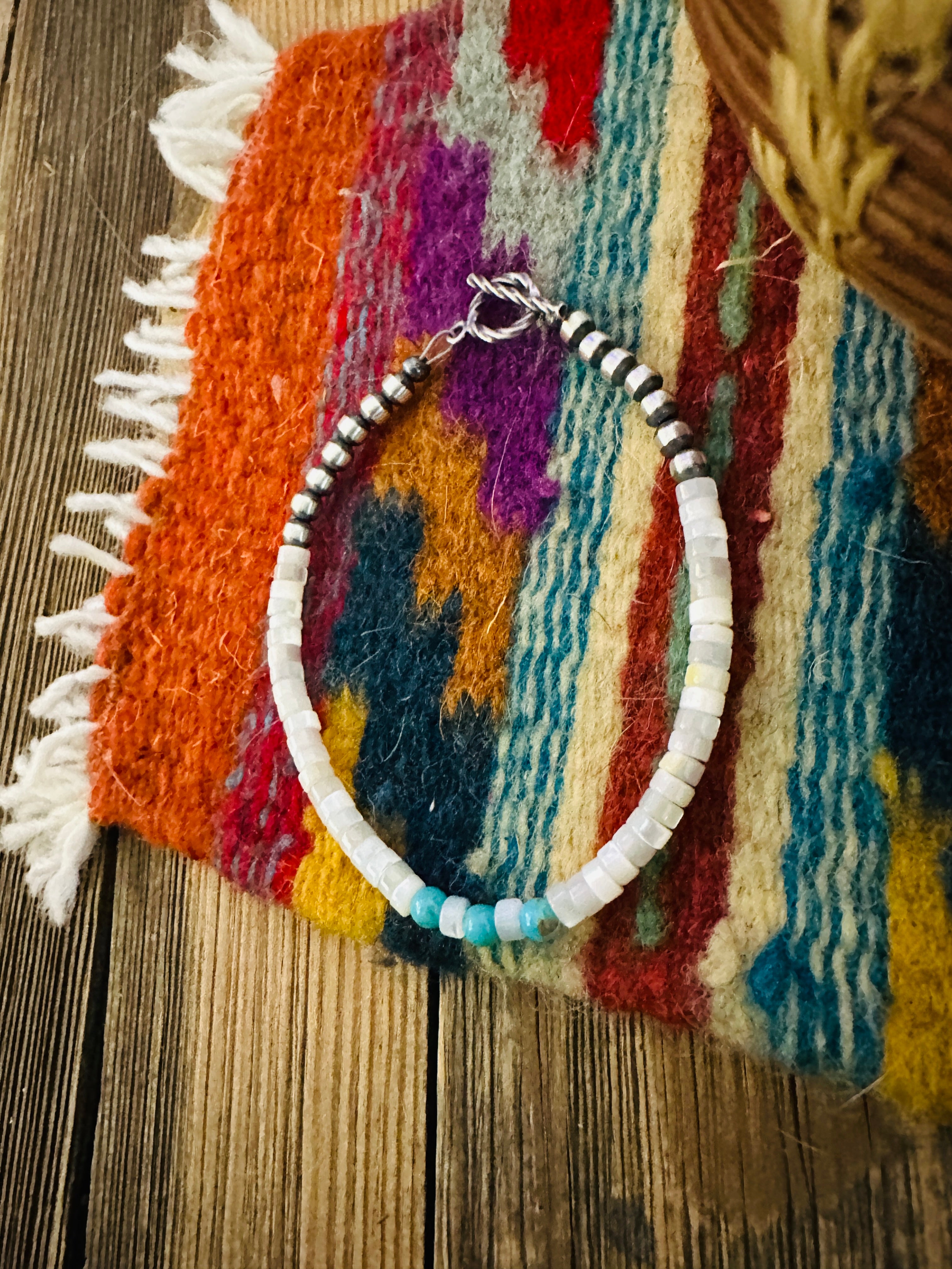 Handcrafted Turquoise, Mother of Pearl & Sterling Silver Pearl Beaded Bracelet