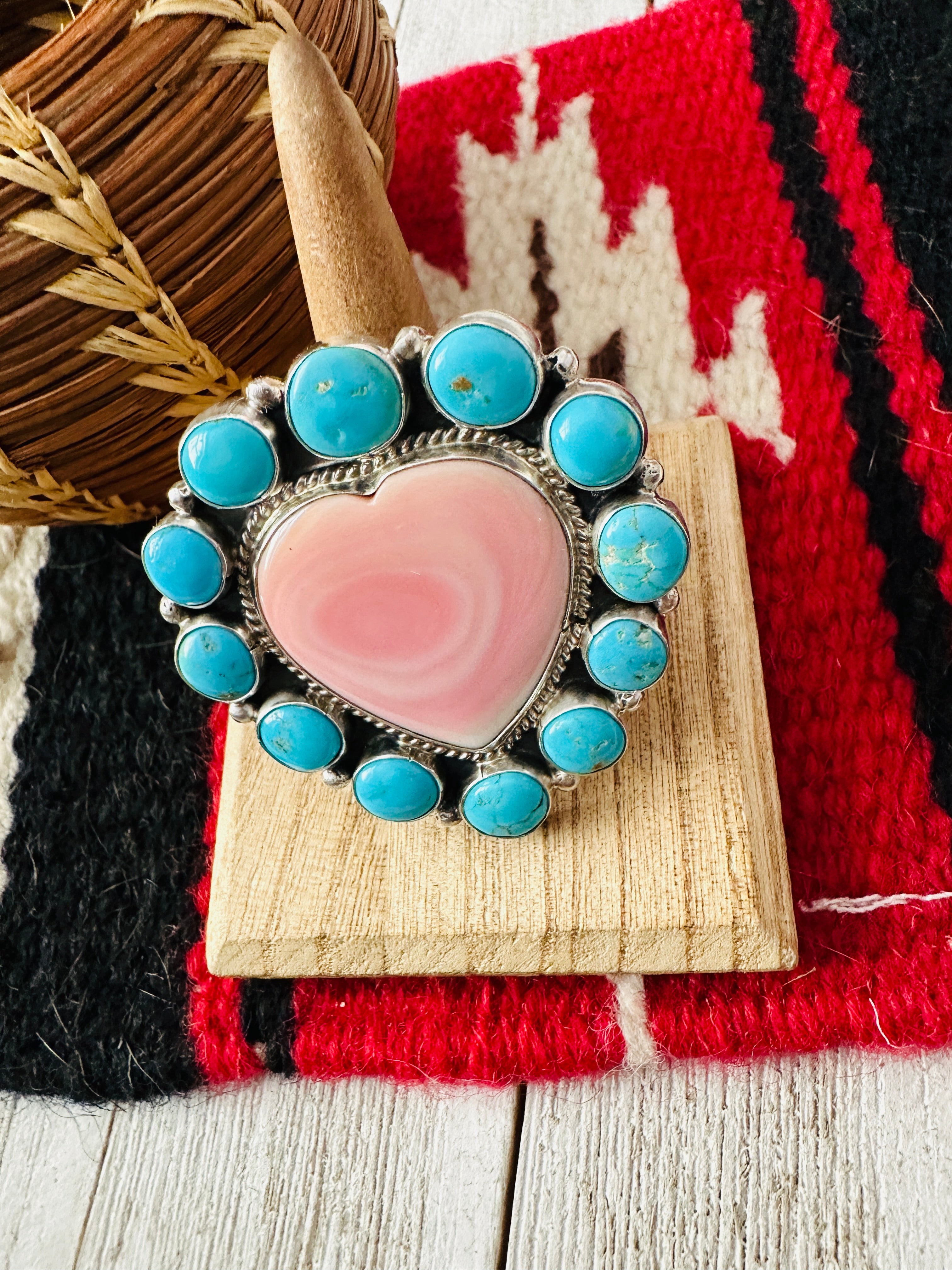 Navajo Sterling Silver, Queen Pink Conch & Turquoise Heart Adjustable Ring