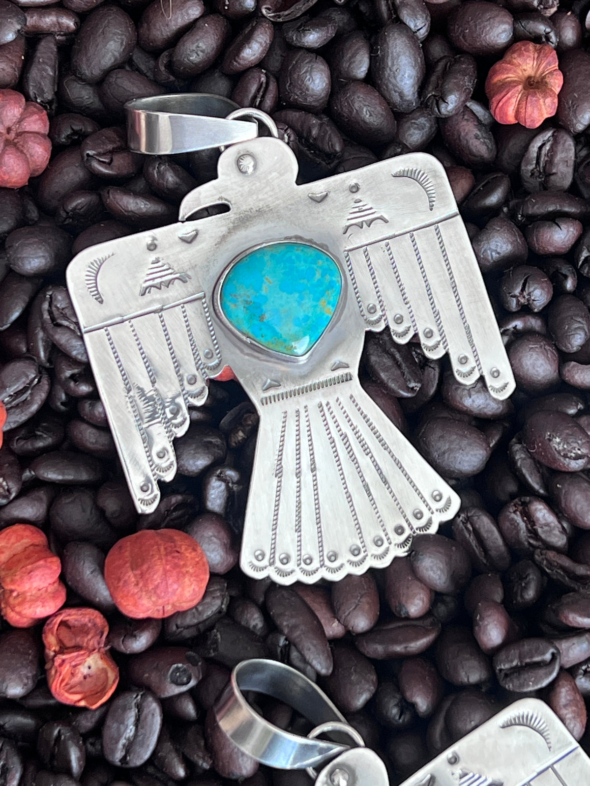 Kimari Somers Hand Stamped Sterling Silver & Kingman Turquoise Thunderbird Pendant 1