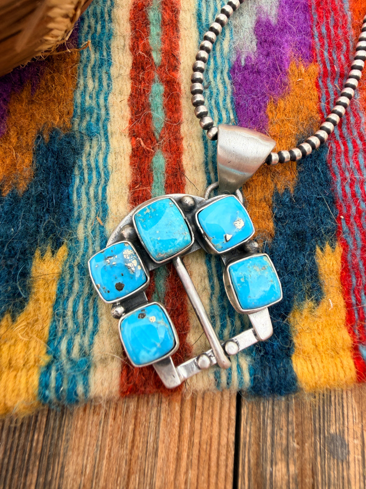 Handcrafted Sterling Silver & Turquoise Belt Buckle Pendant by Russell Sam