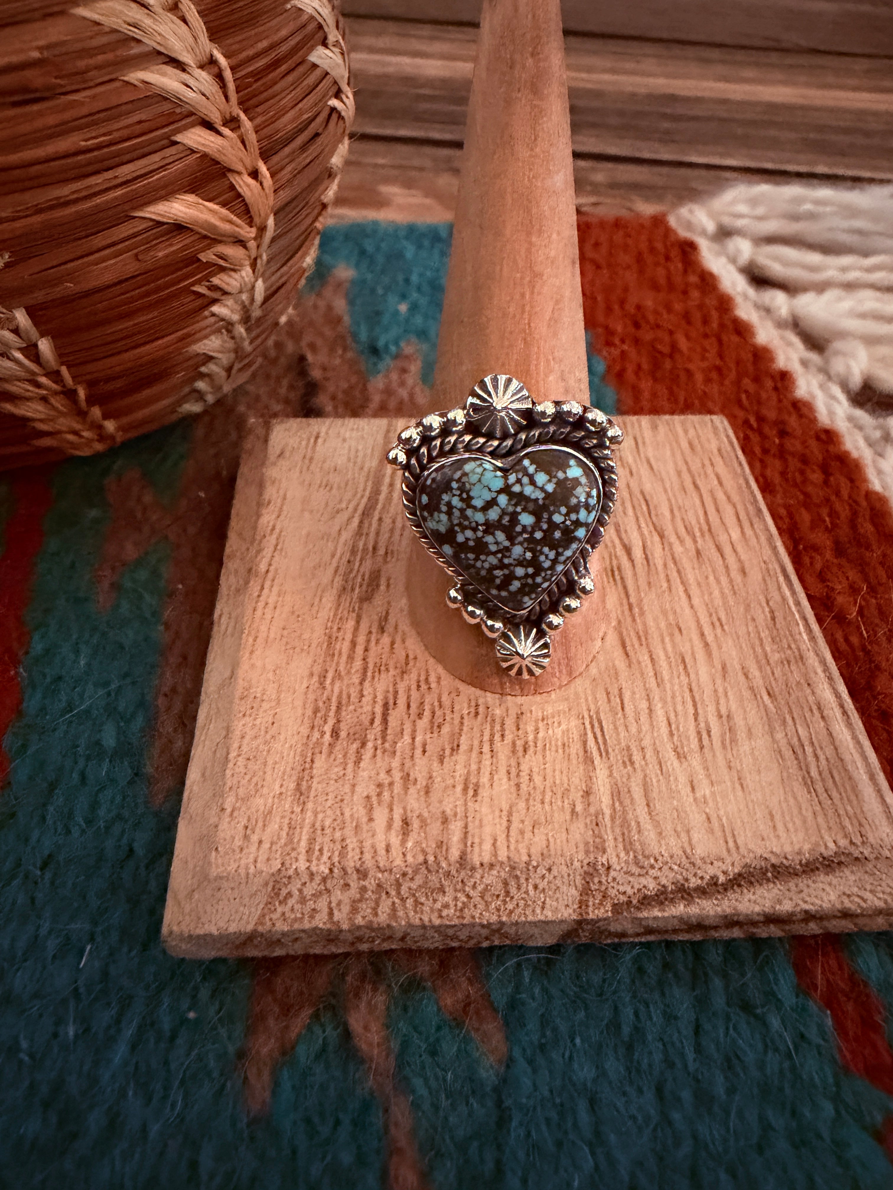 Handmade Sterling Silver Number 8 Turquoise Adjustable Heart Ring Signed Nizhoni