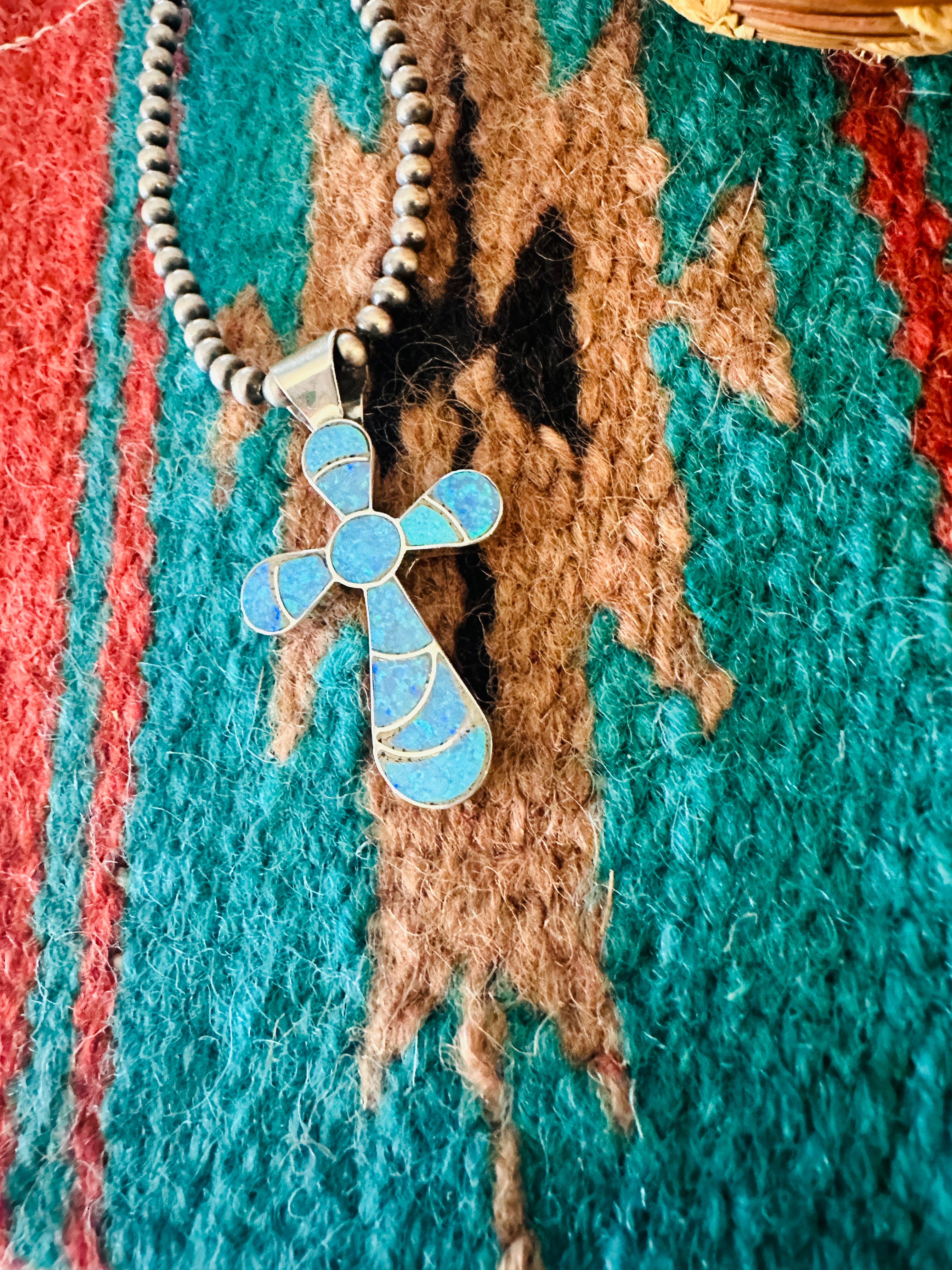 Zuni Sterling Silver & Blue Opal Inlay Cross Pendant Signed