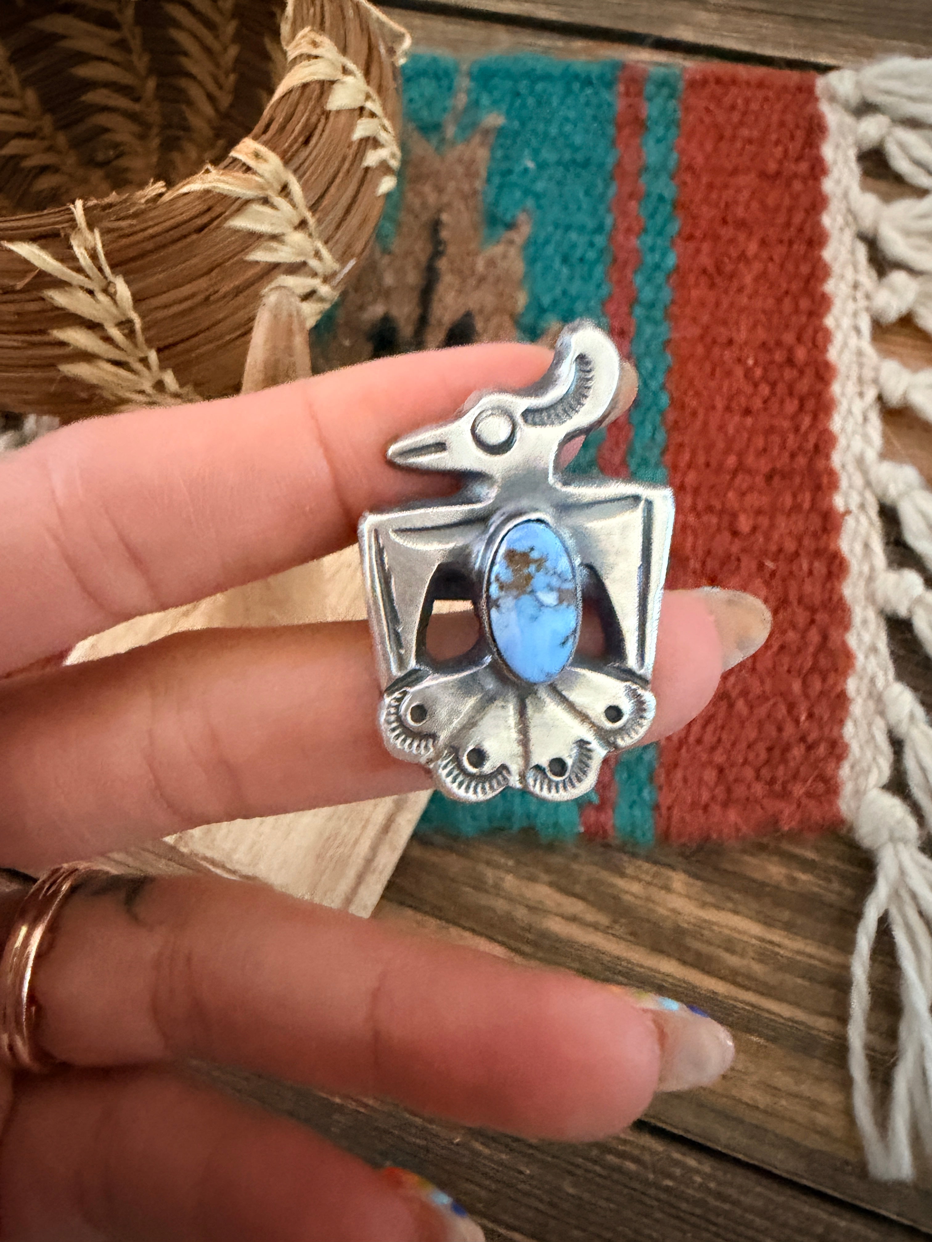 Handcrafted Golden Hills Turquoise and Sterling Silver Thunderbird Ring size 8.5 by Chimney Butte