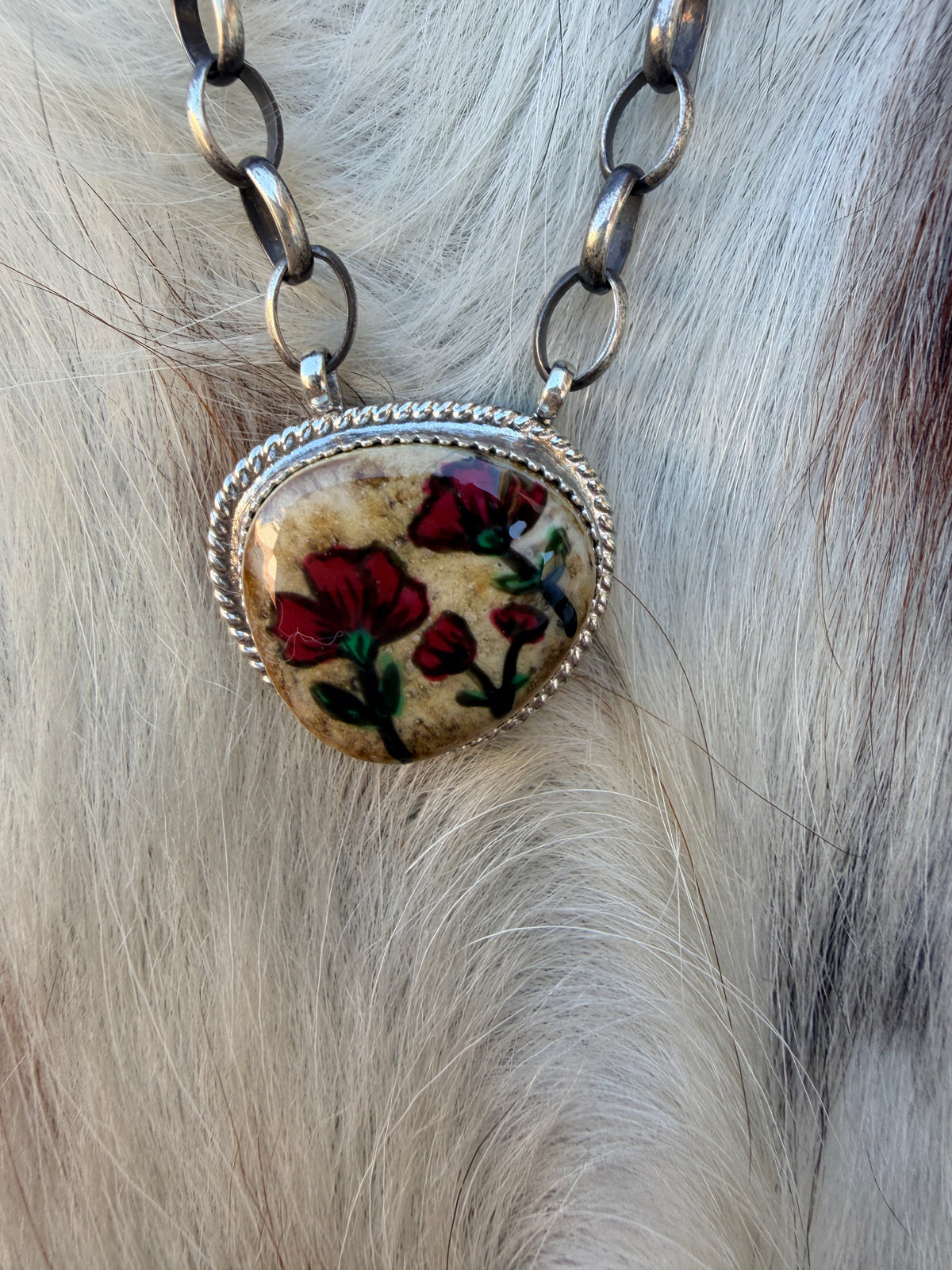 Handmade Sterling Silver & Jasper Painted Flower Necklace