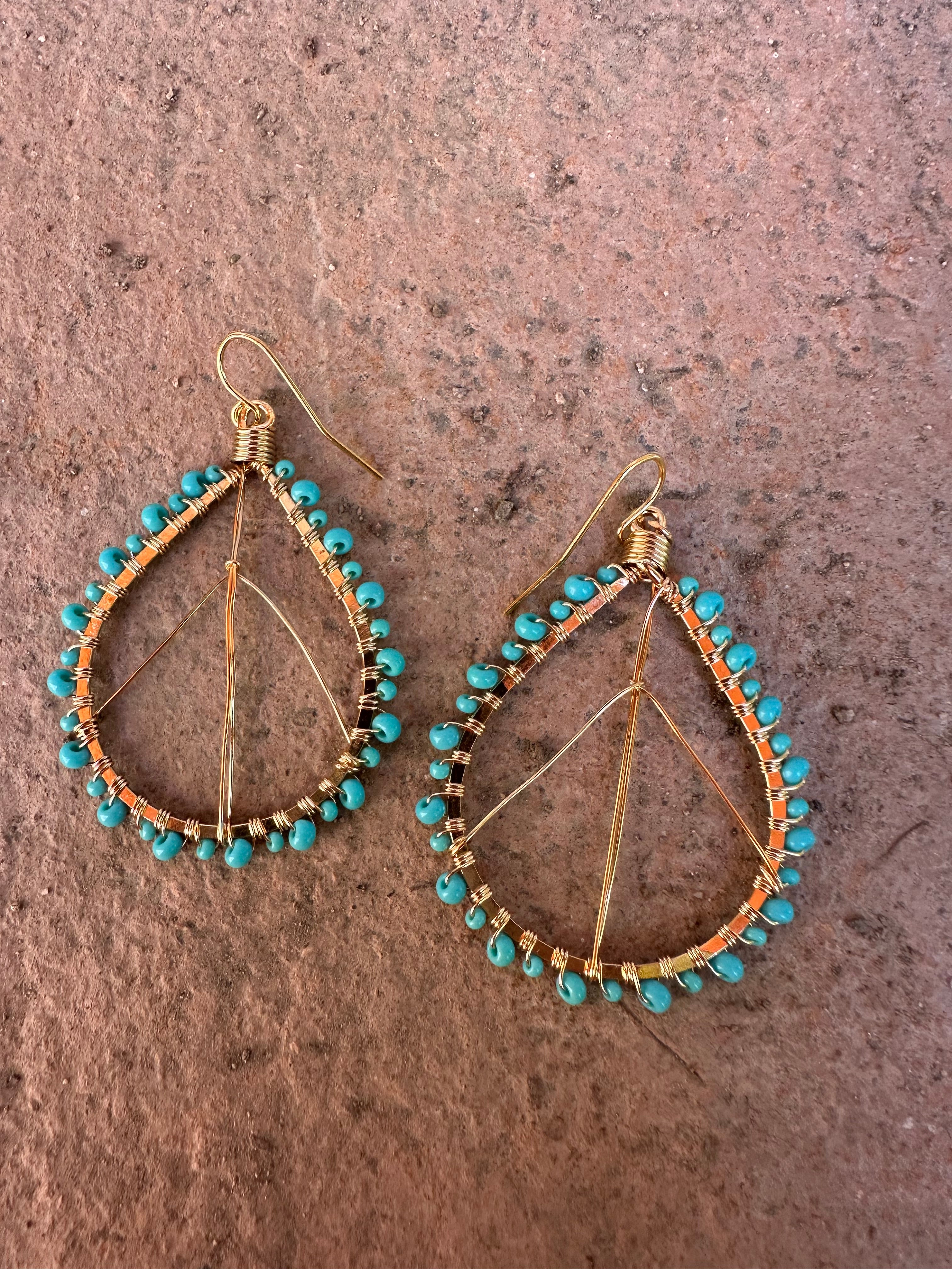 “The Golden Collection” Peace Hoop Handmade Turquoise Beaded & 14k Gold Plated Earrings