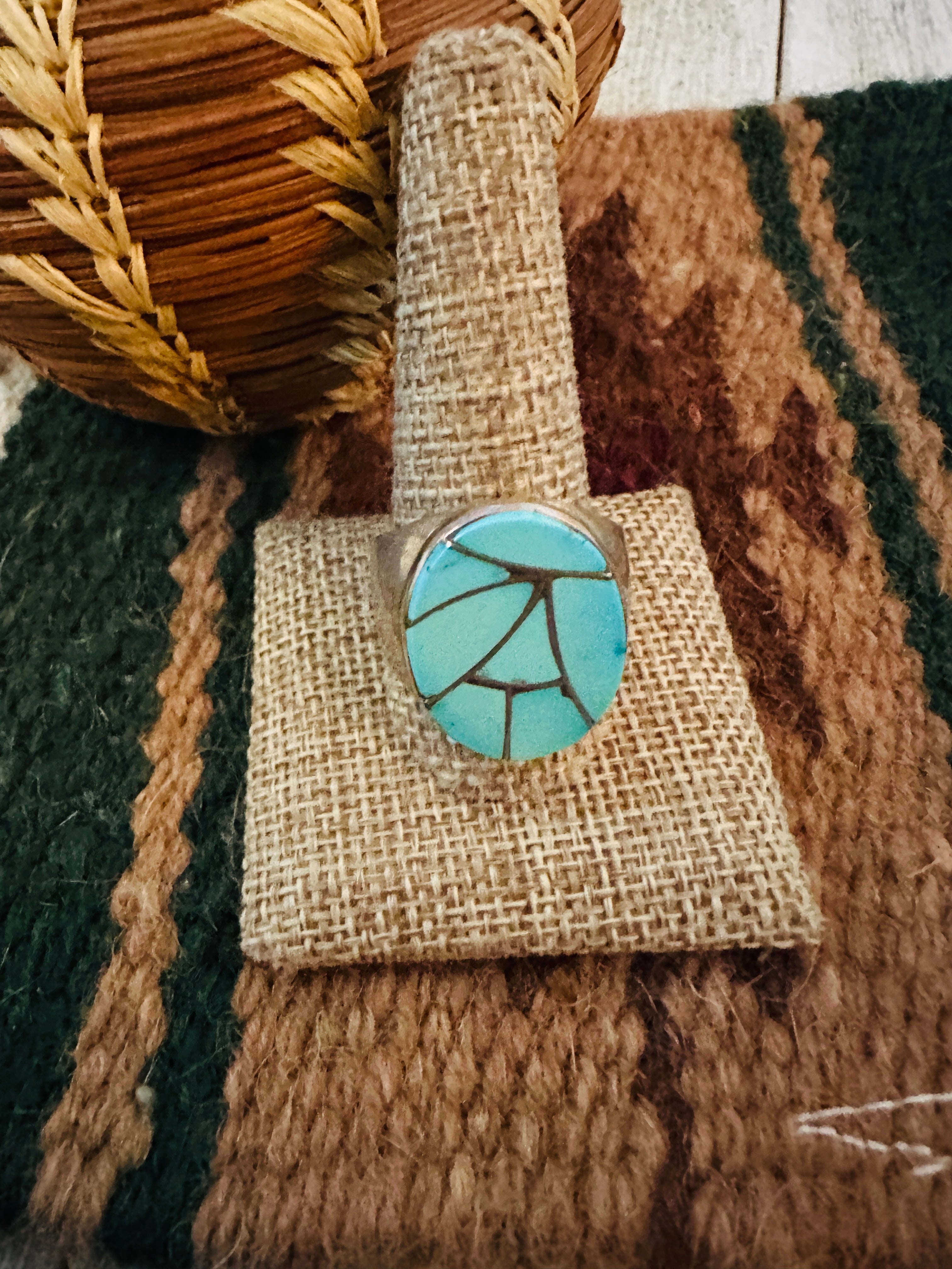 Old Pawn Handcrafted Turquoise & Sterling Silver Inlay Ring Size 12.5