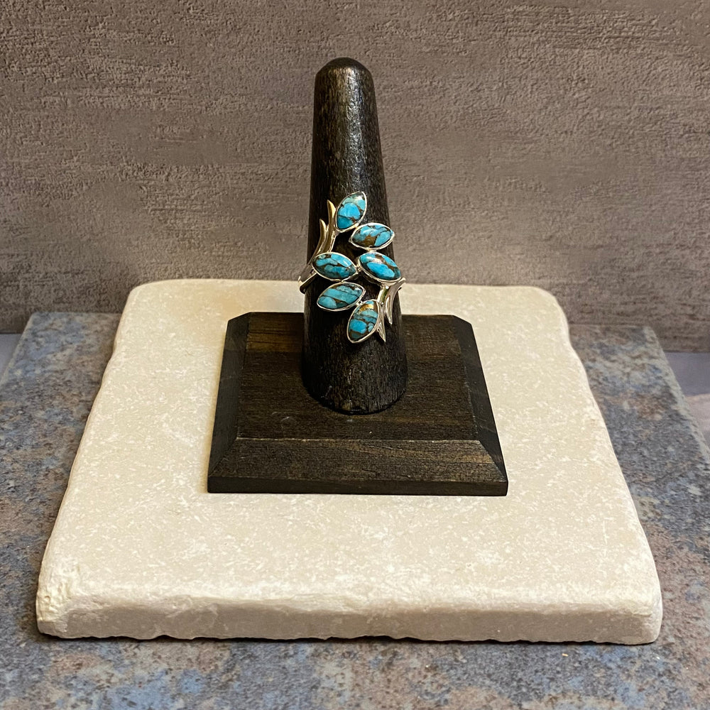 Sterling Silver Six Leaf Copper Turquoise Ring Size 8