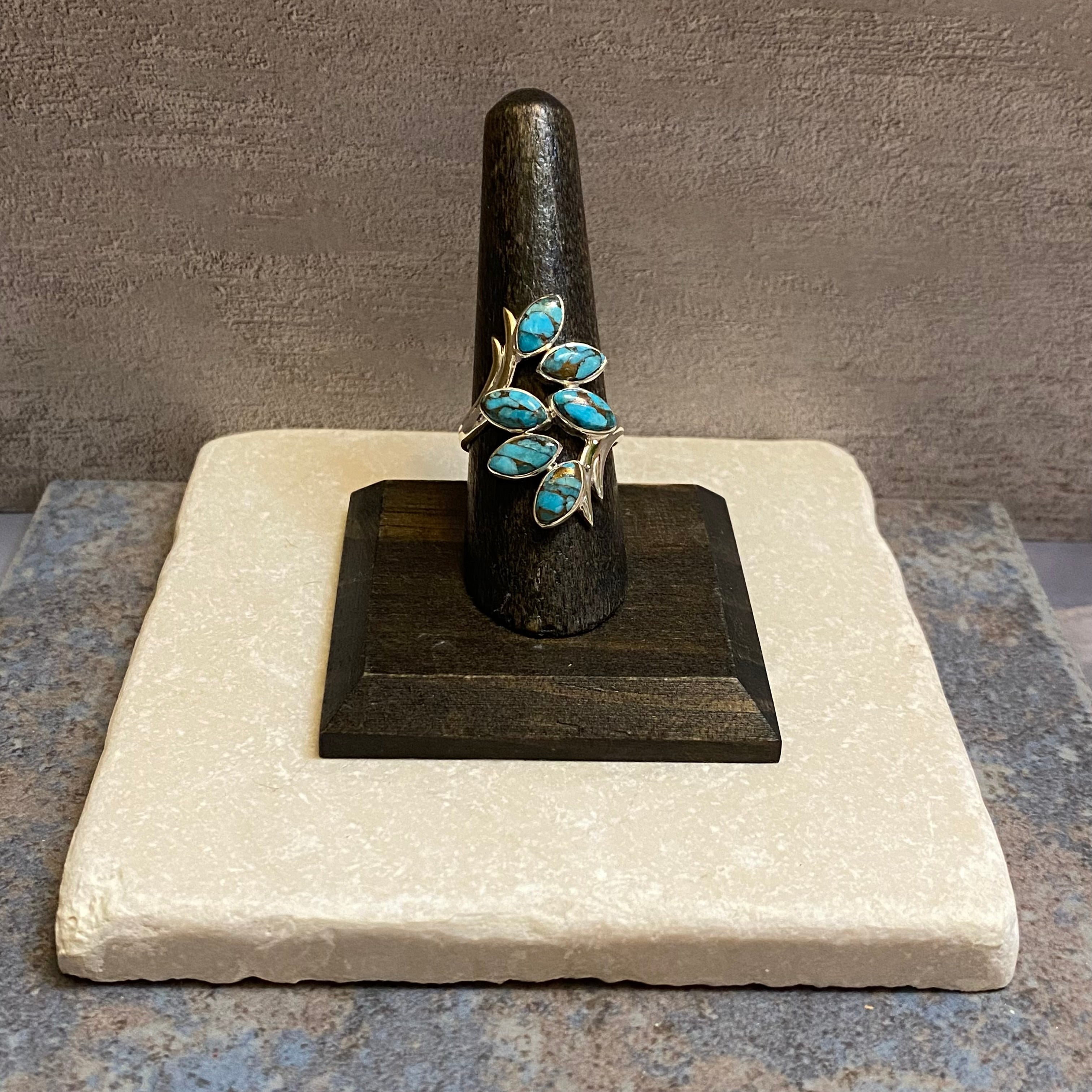 Sterling Silver Six Leaf Copper Turquoise Ring Size 8