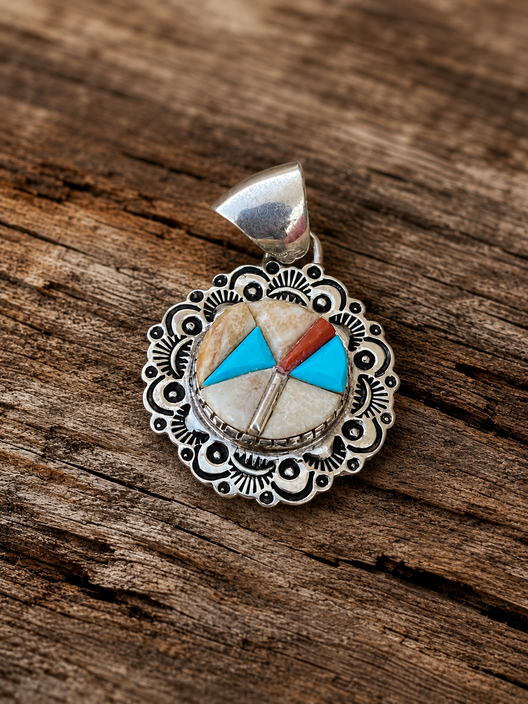 Handcrafted Turquoise, Coral & Mother of Pearl Pendant Necklace