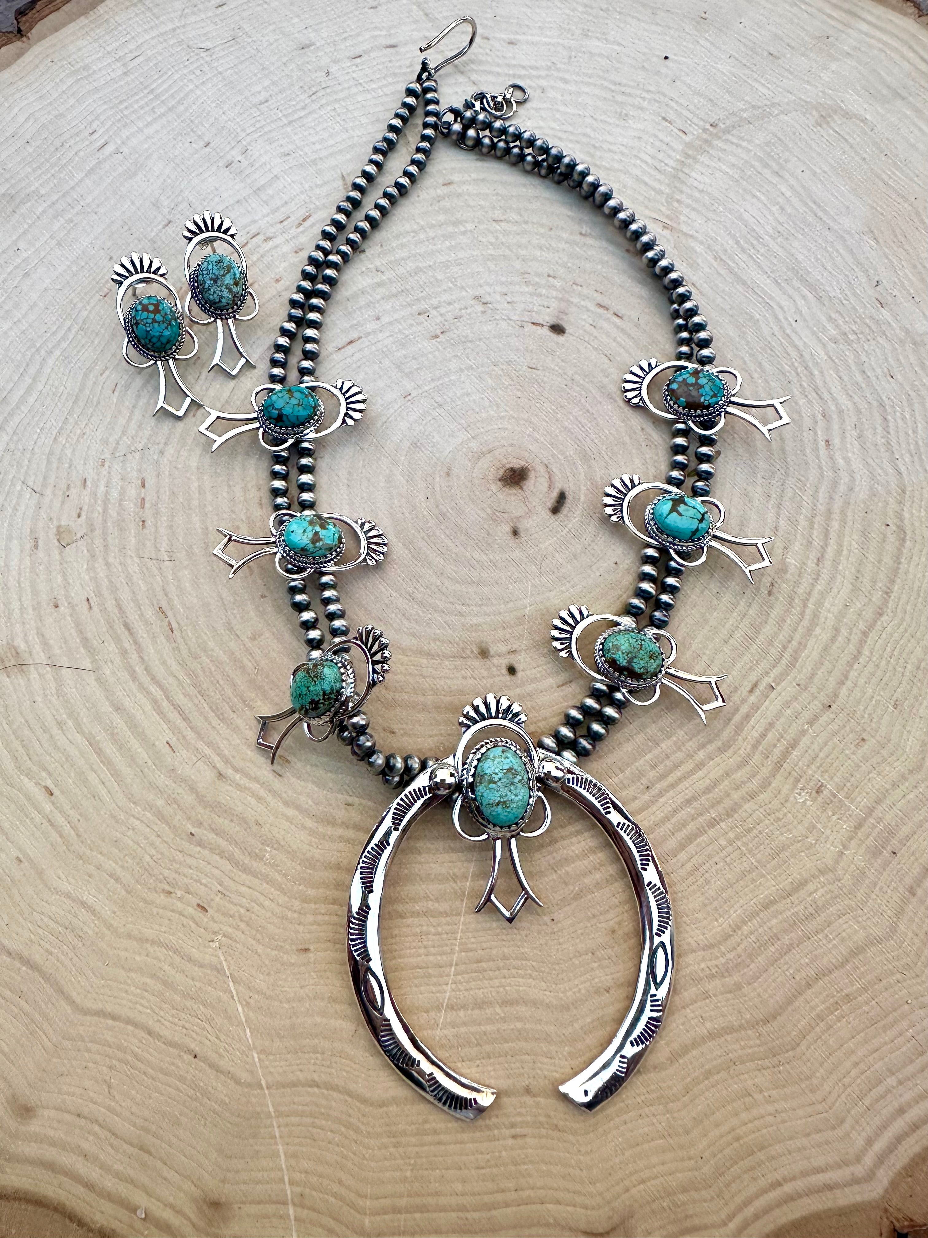 Handmade Sterling Silver, Number 8 Turquoise Squash Blossom Set