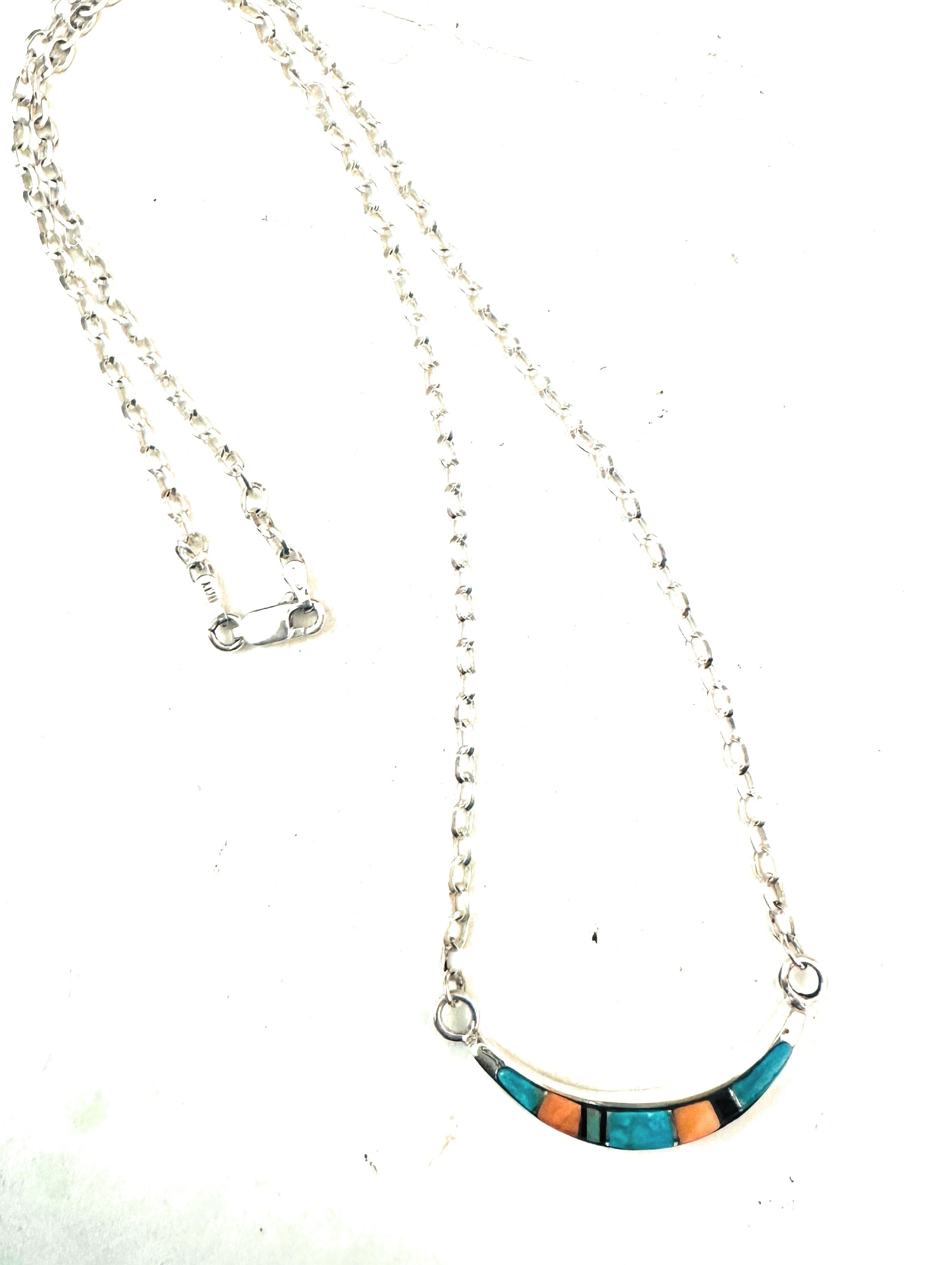 Navajo Sterling Silver & Multi Stone Inlay Crescent Necklace