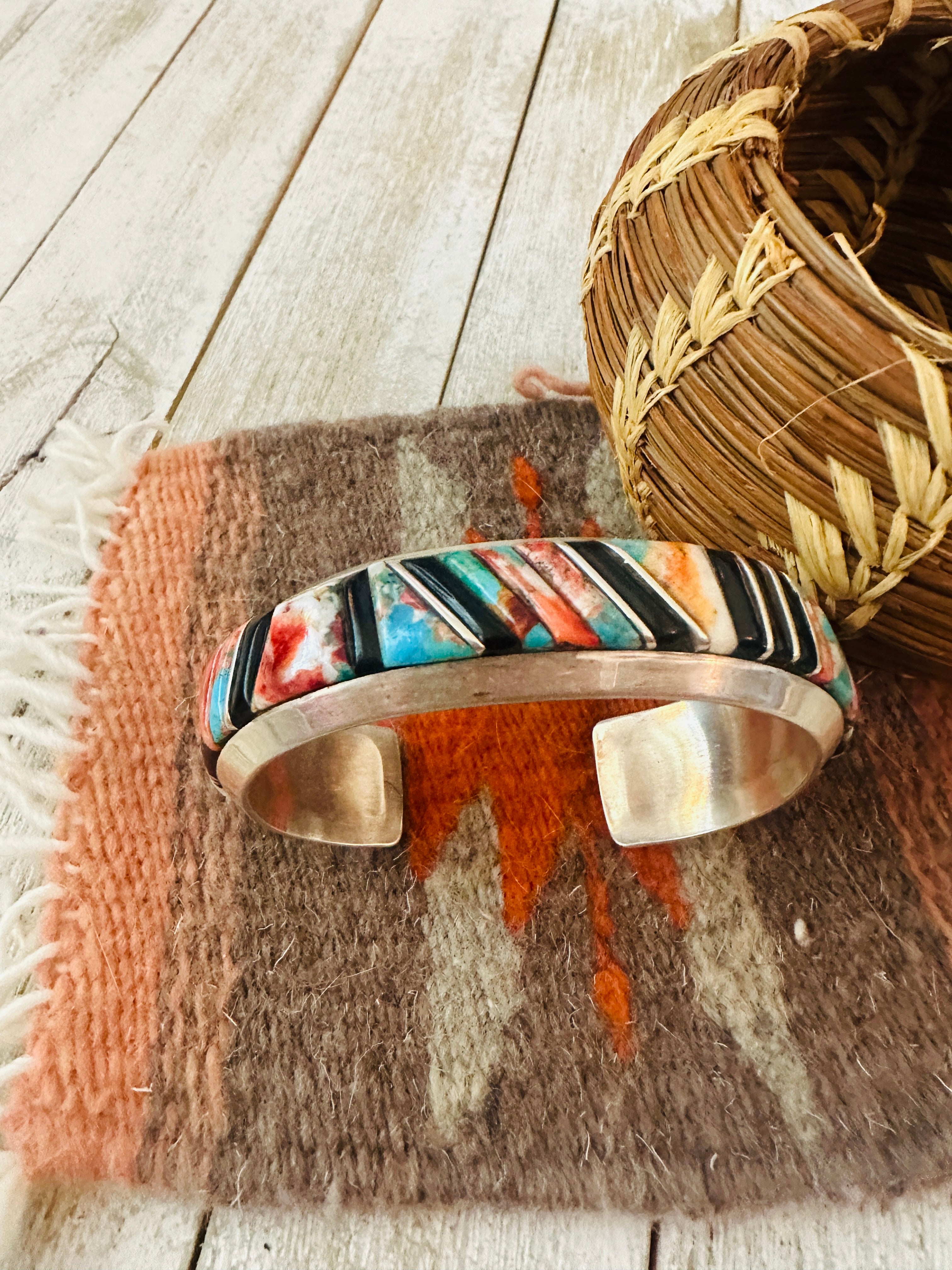 Handcrafted Multi Stone & Sterling Silver Inlay Cuff Bracelet