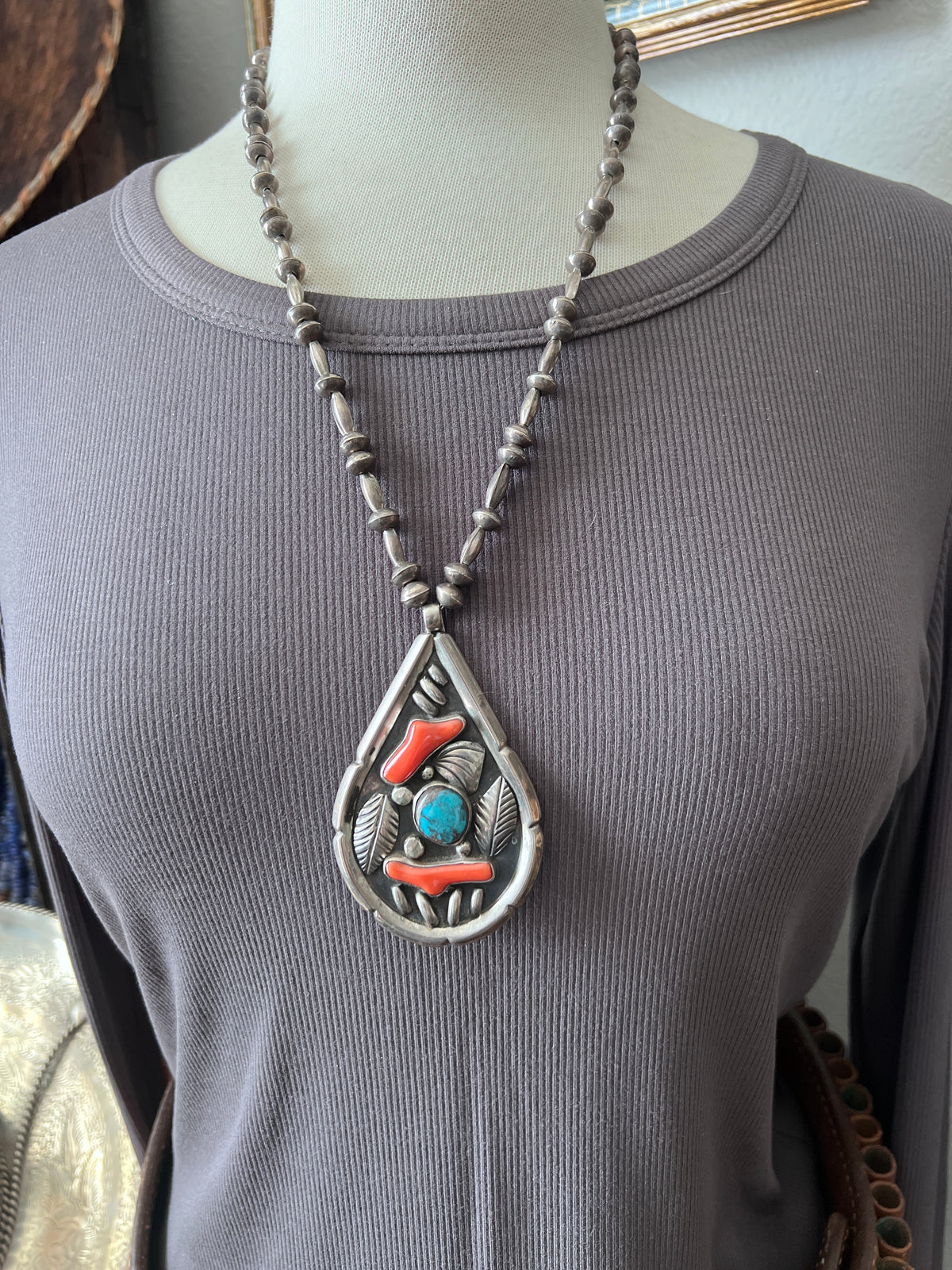 Estate Collection Vintage Sterling Silver, Turquoise & Coral Appliqué Pendant with Beaded Necklace, Unsigned