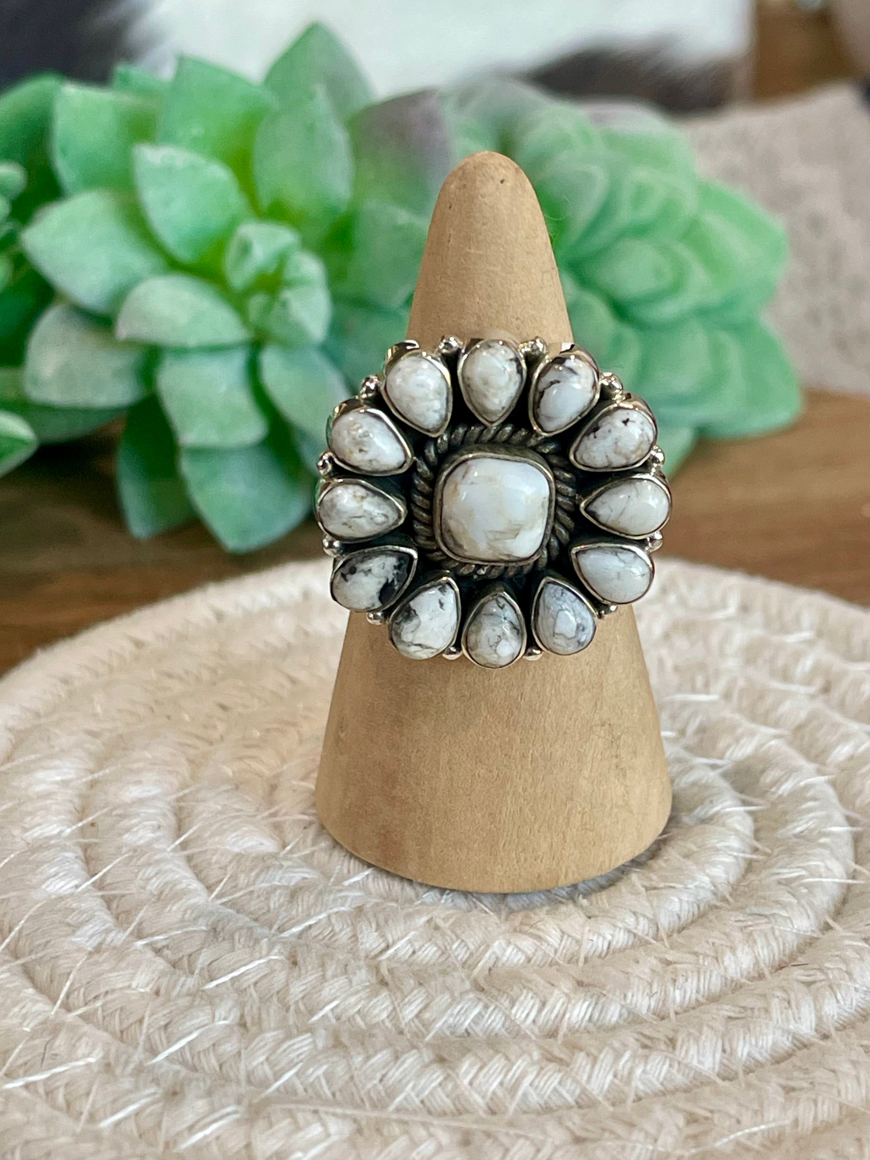 Beautiful Handmade White Buffalo And Sterling Silver Adjustable Cluster Ring