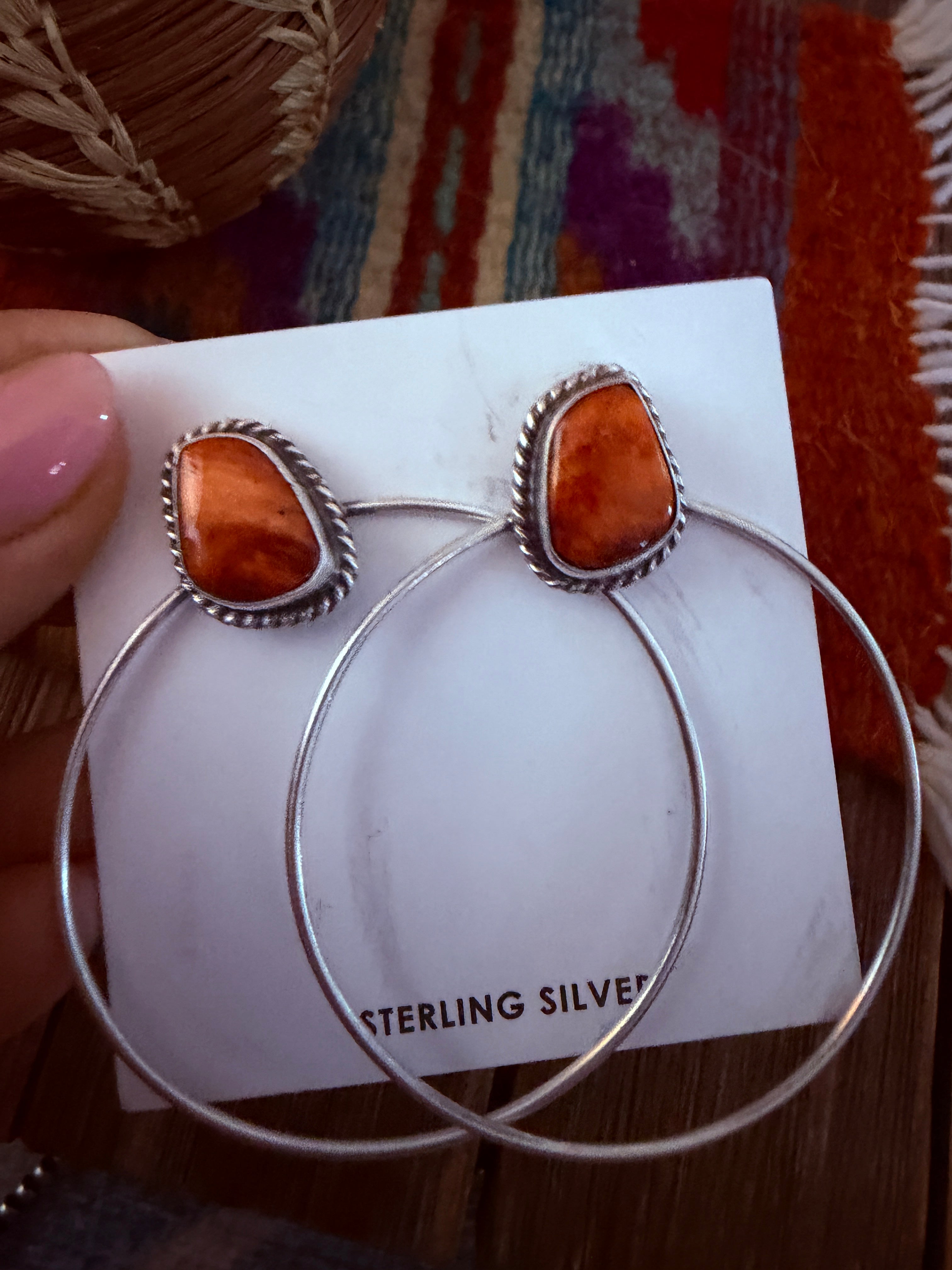 Handcrafted Orange Spiny and Sterling Silver Dangle Hoop Earrings by Elouise Kee