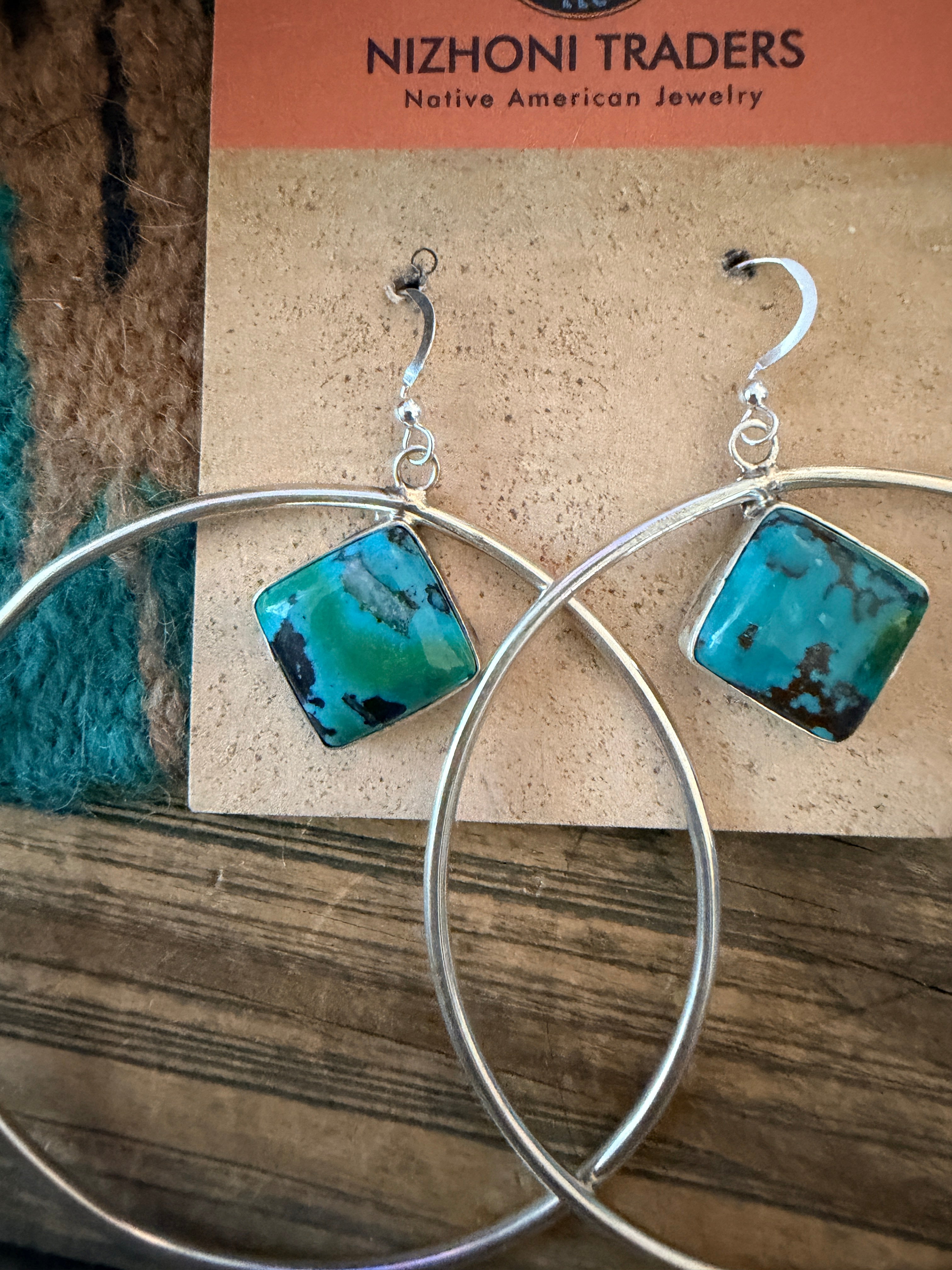 Handcrafted Turquoise & Sterling Silver Hoop Earrings by Patrick Yazzie