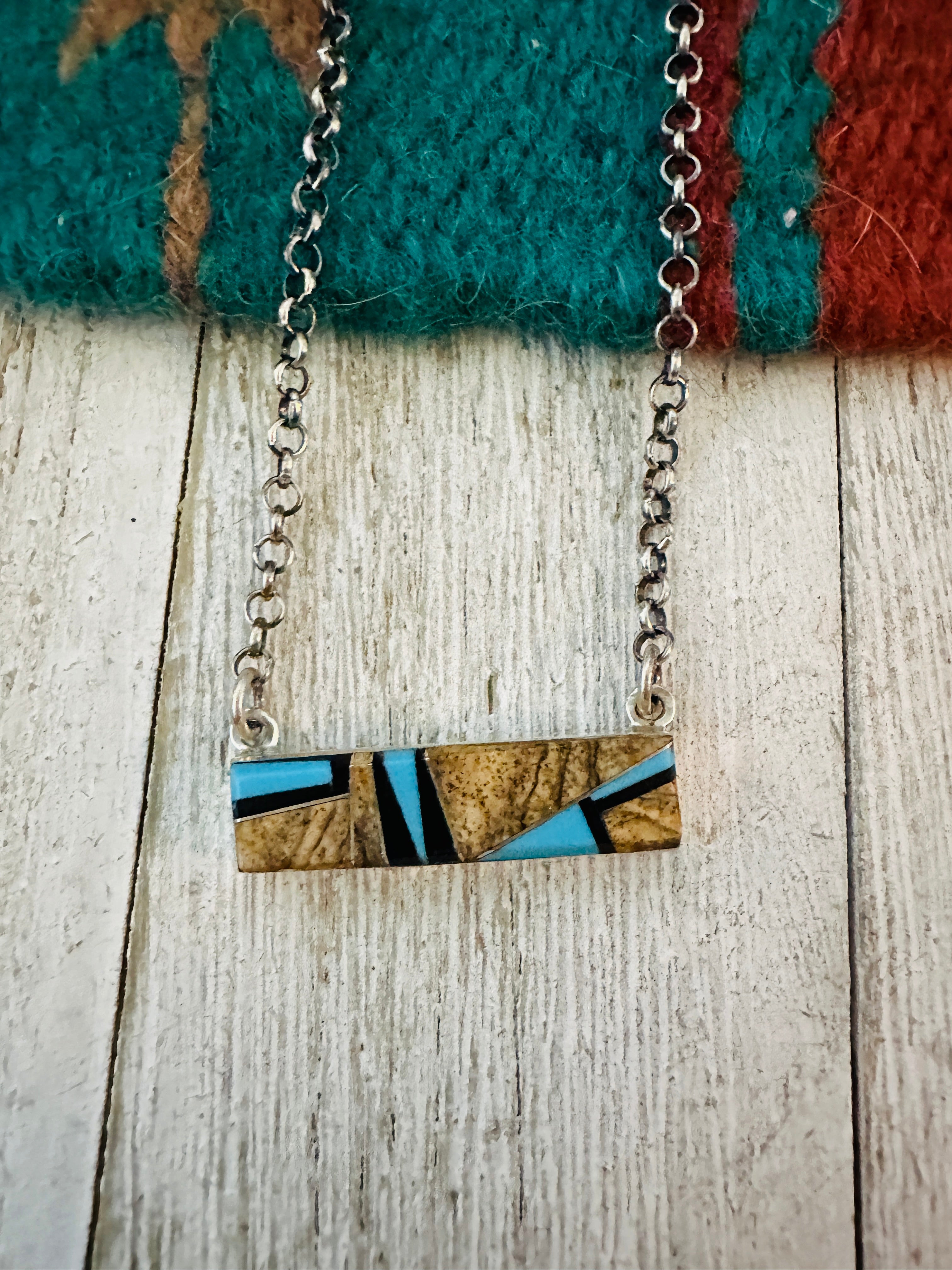 Navajo Multi Stone & Sterling Silver Inlay Bar Necklace