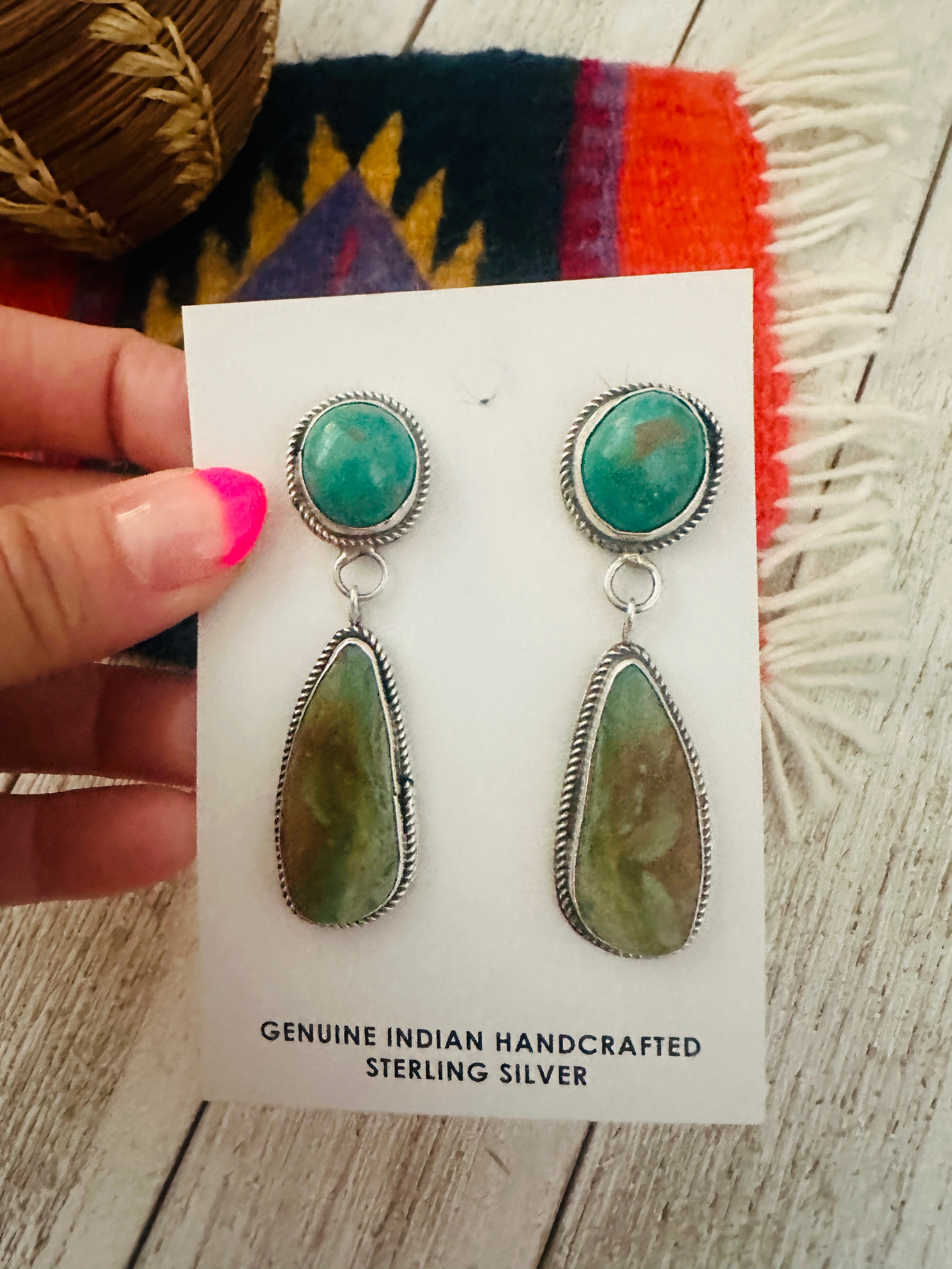 Navajo Royston Turquoise And Sterling Silver Dangle Earrings