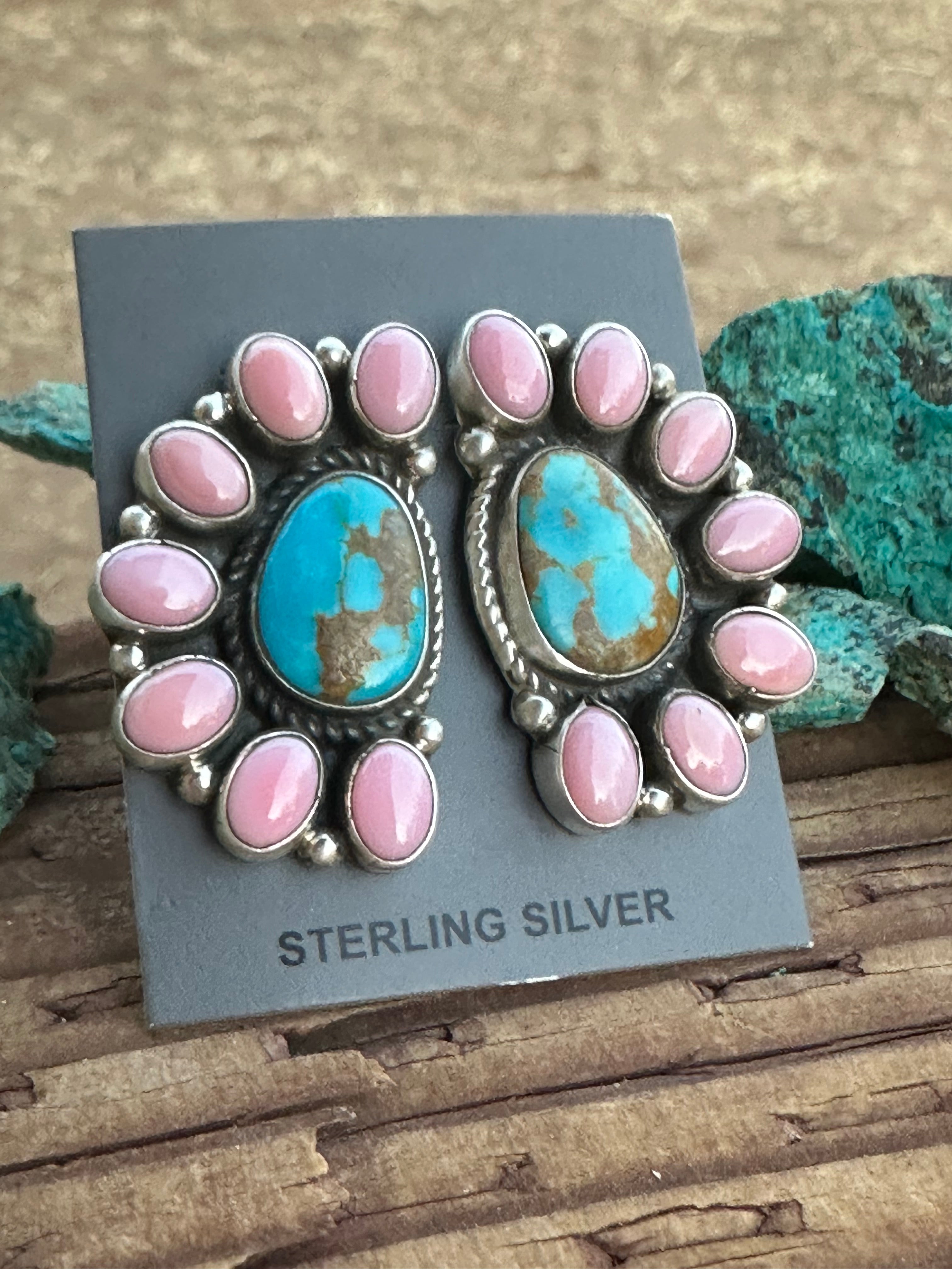 Navajo Queen Pink Conch & Turquoise Sterling Silver Cluster Stud Earrings