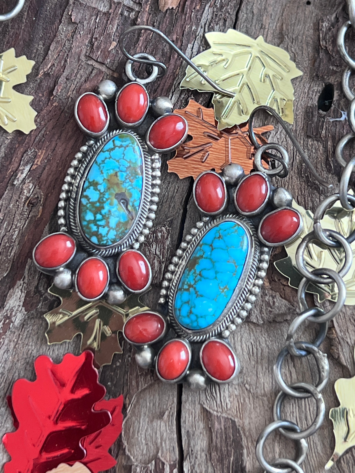 Kathleen Chavez Sterling Silver, Kingman Turquoise & Mediterranean Coral Taos Collection Necklace & Earrings Set