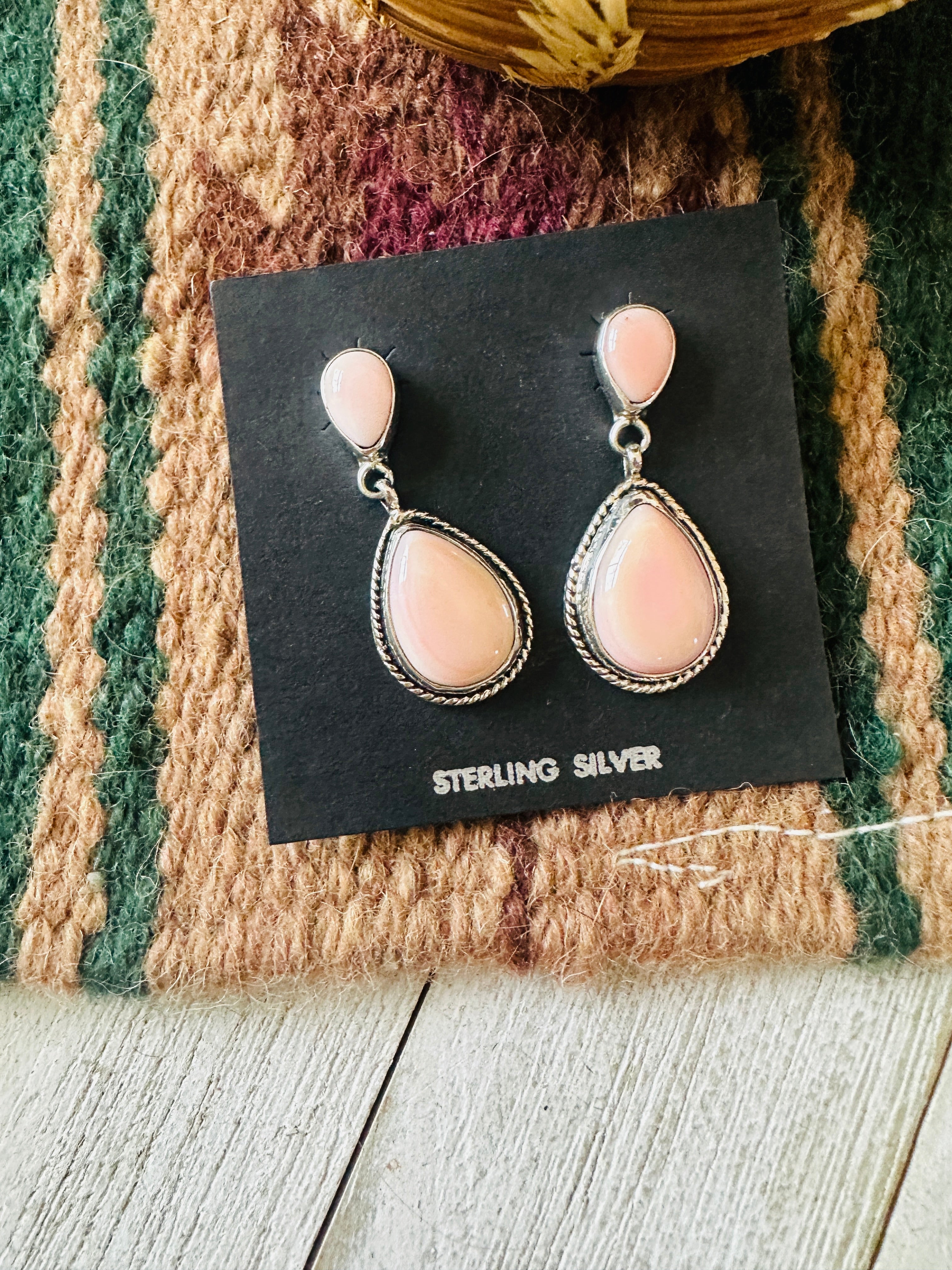 Navajo Sterling Silver & Queen Pink Conch Dangle Earrings