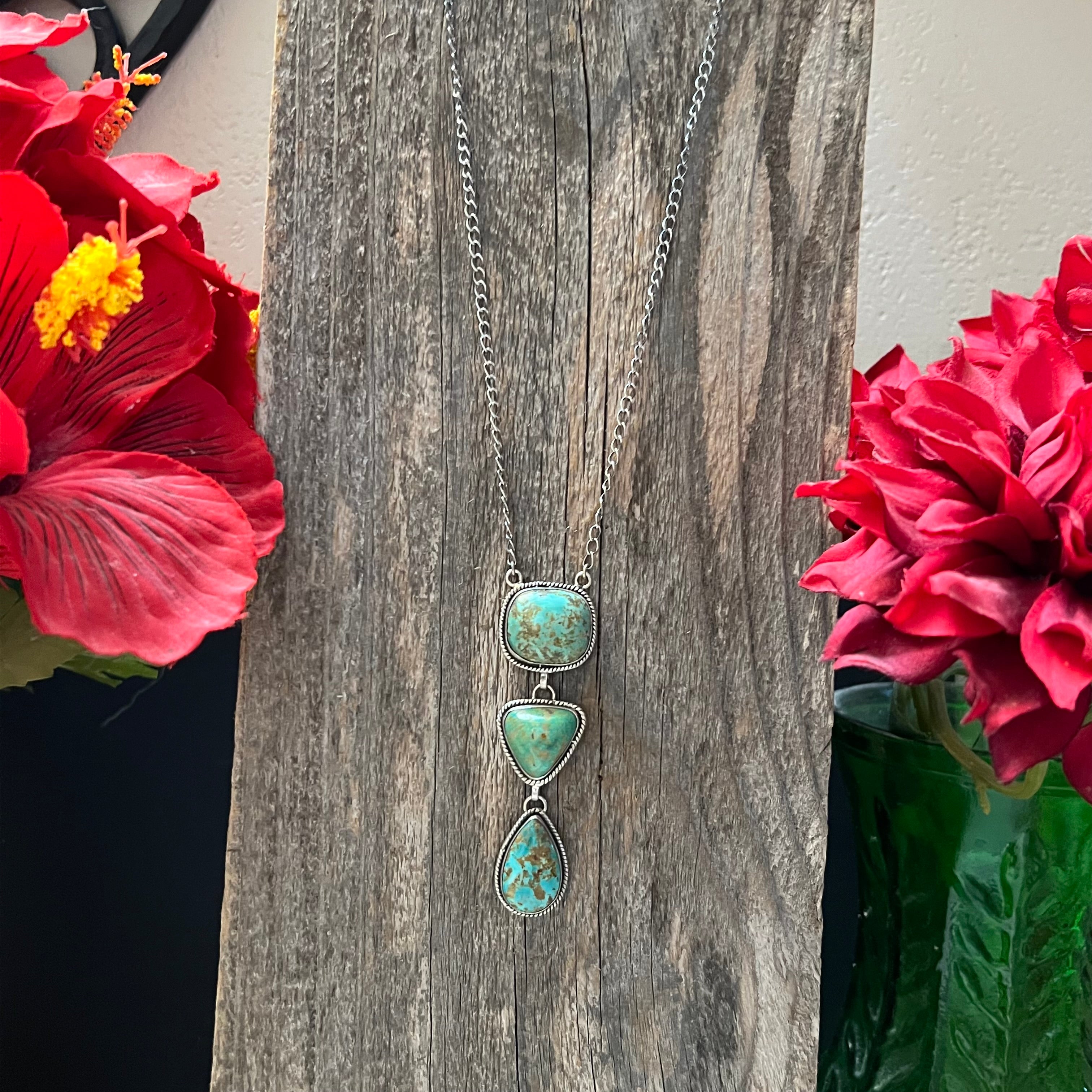 Handmade 3 Stone Turquoise & Sterling Silver Drop Necklace (06)