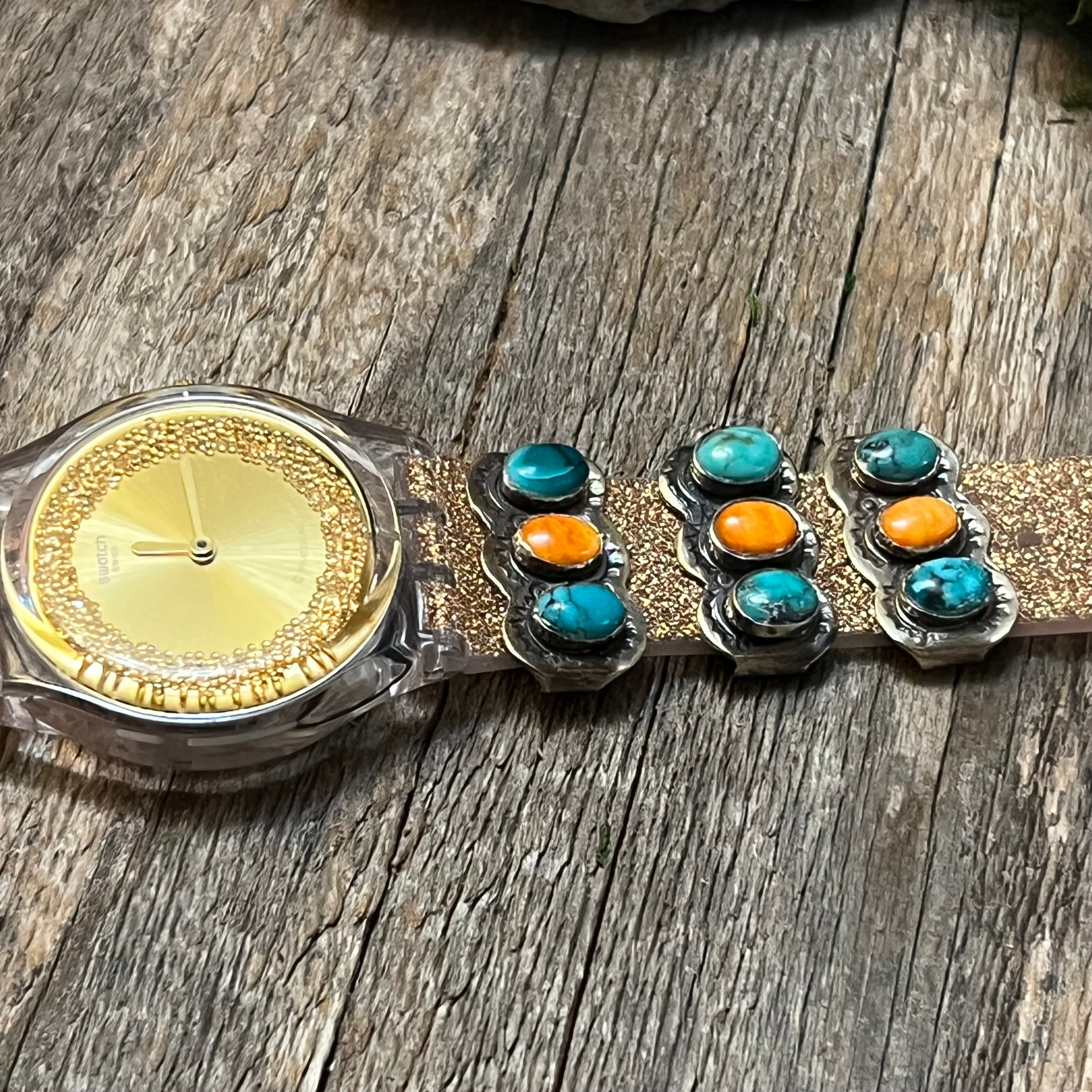 Handmade Sterling Silver Turquoise & Orange Spiny Watch Charm