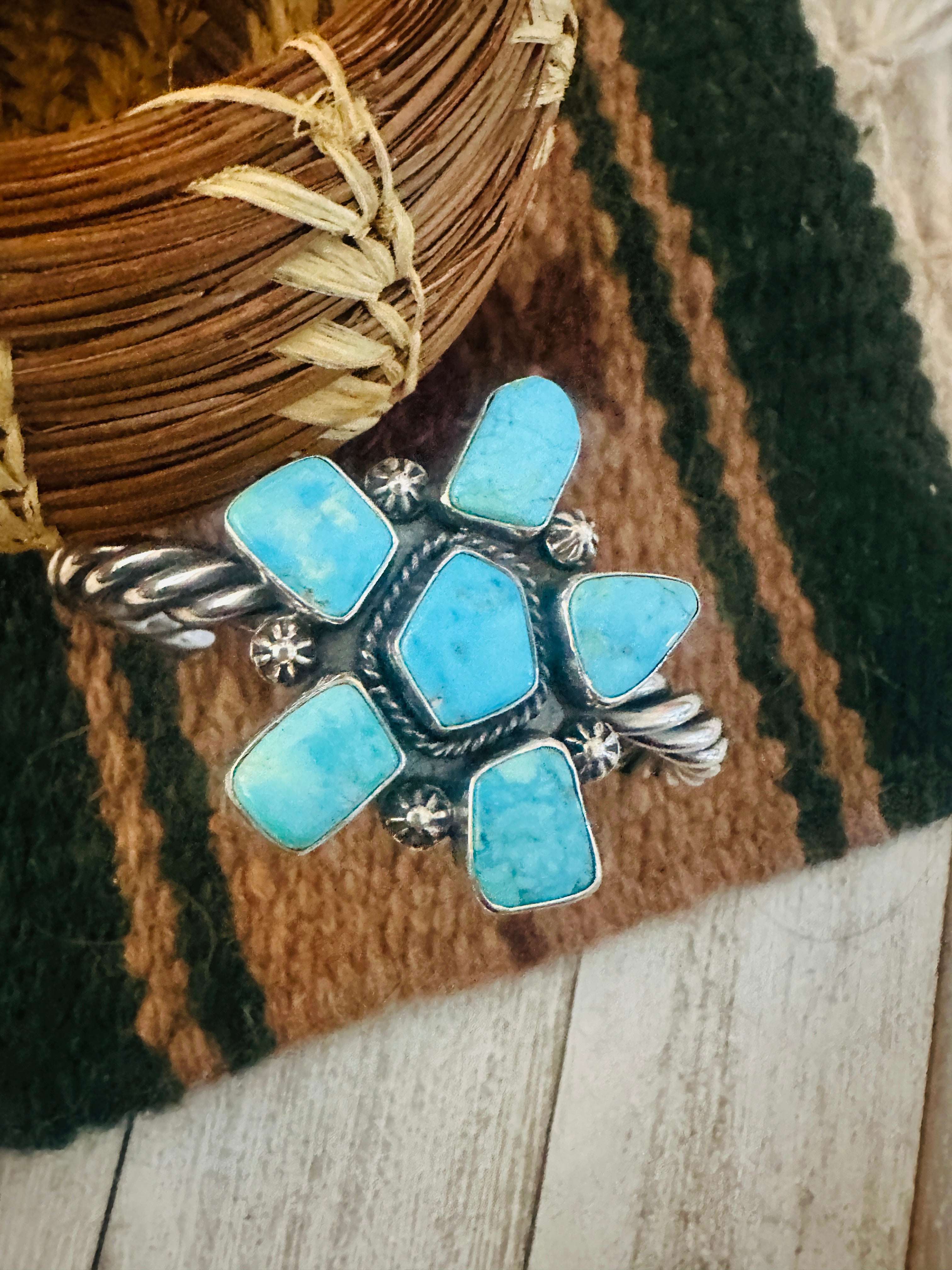 Navajo Kingman Turquoise & Sterling Silver Cluster Cuff Bracelet