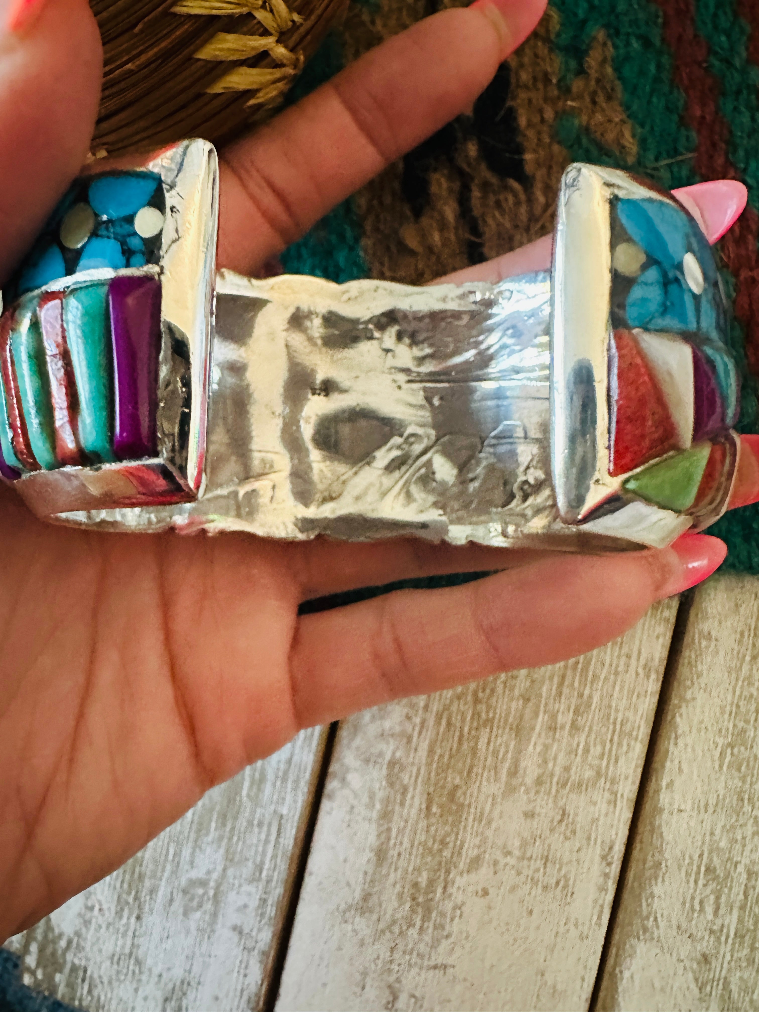 Handmade Sterling Silver Multi Stone Inlay Cuff