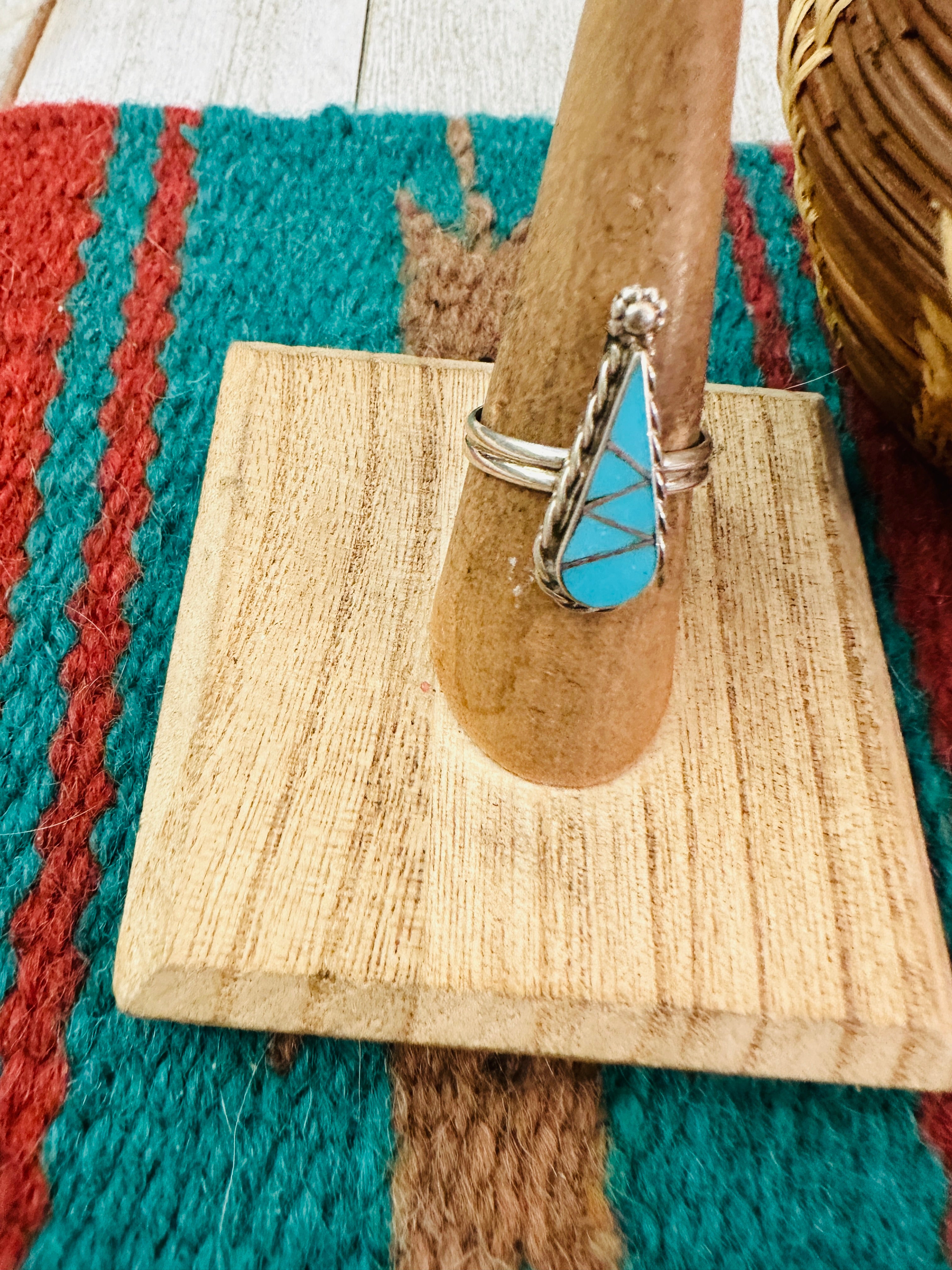 Zuni Sterling Silver & Multi Stone Inlay Teardrop Ring