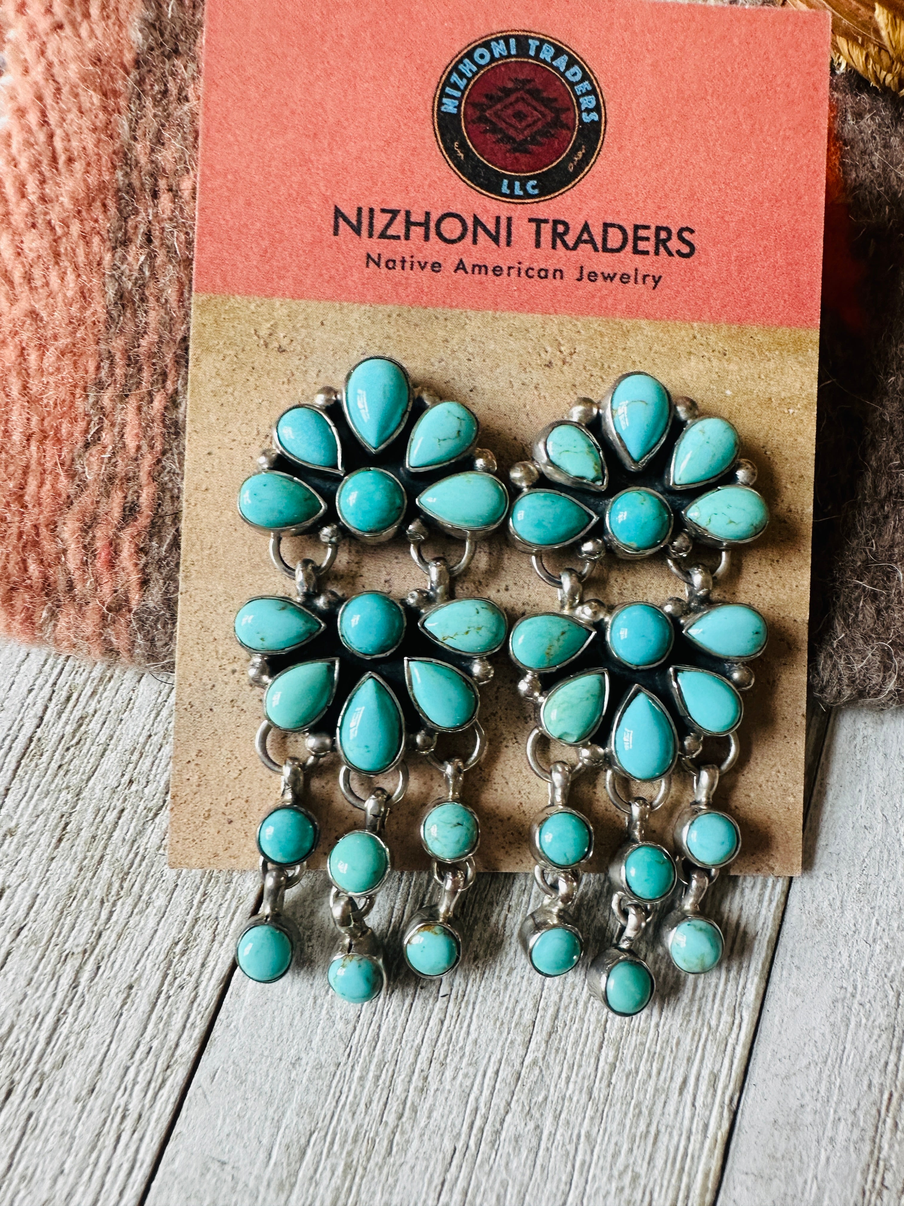 Navajo Turquoise & Sterling Silver Cluster Dangle Earrings