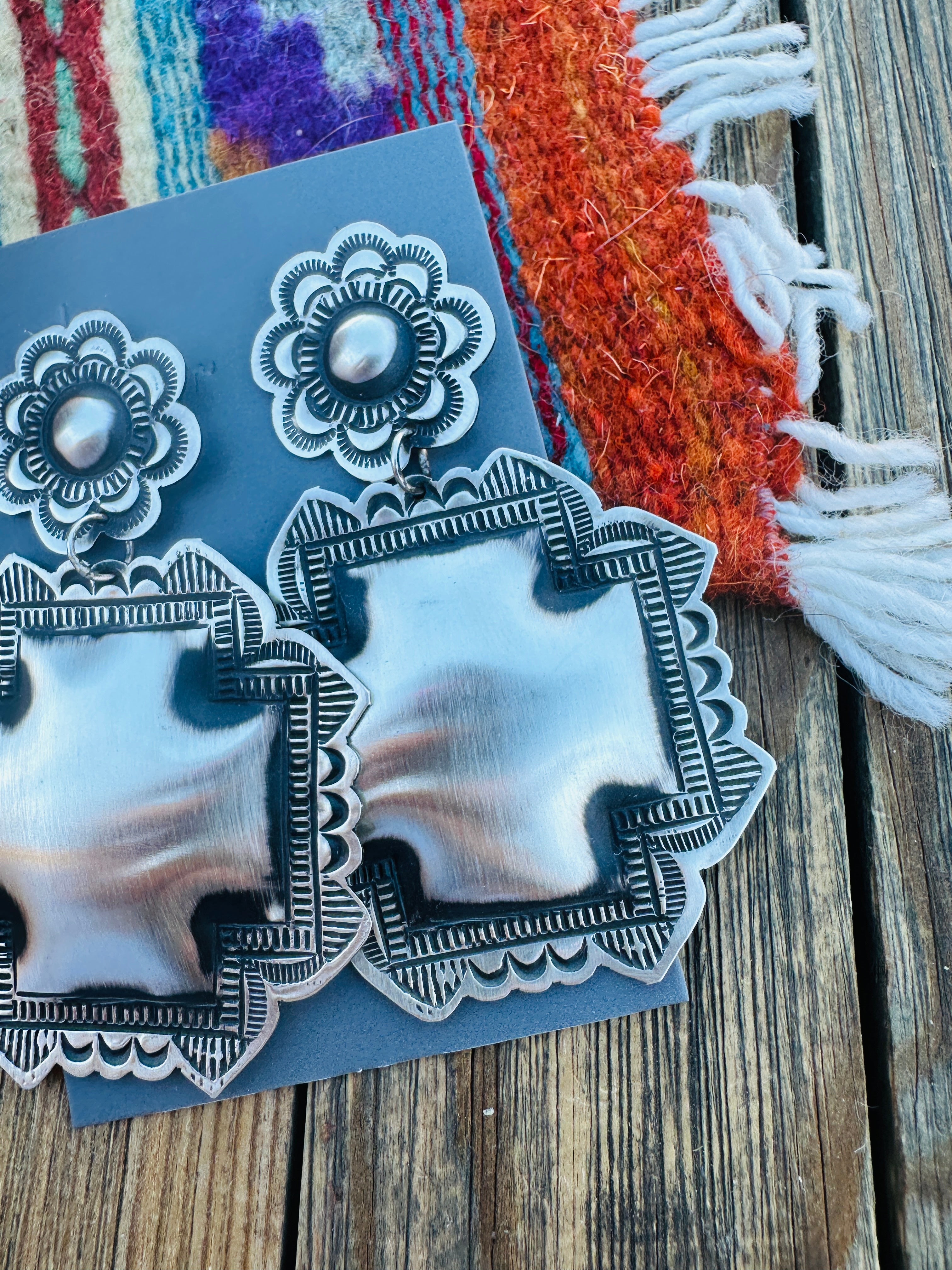 Handcrafted Sterling Silver Concho Cross Dangle Earrings by Leander Tahe