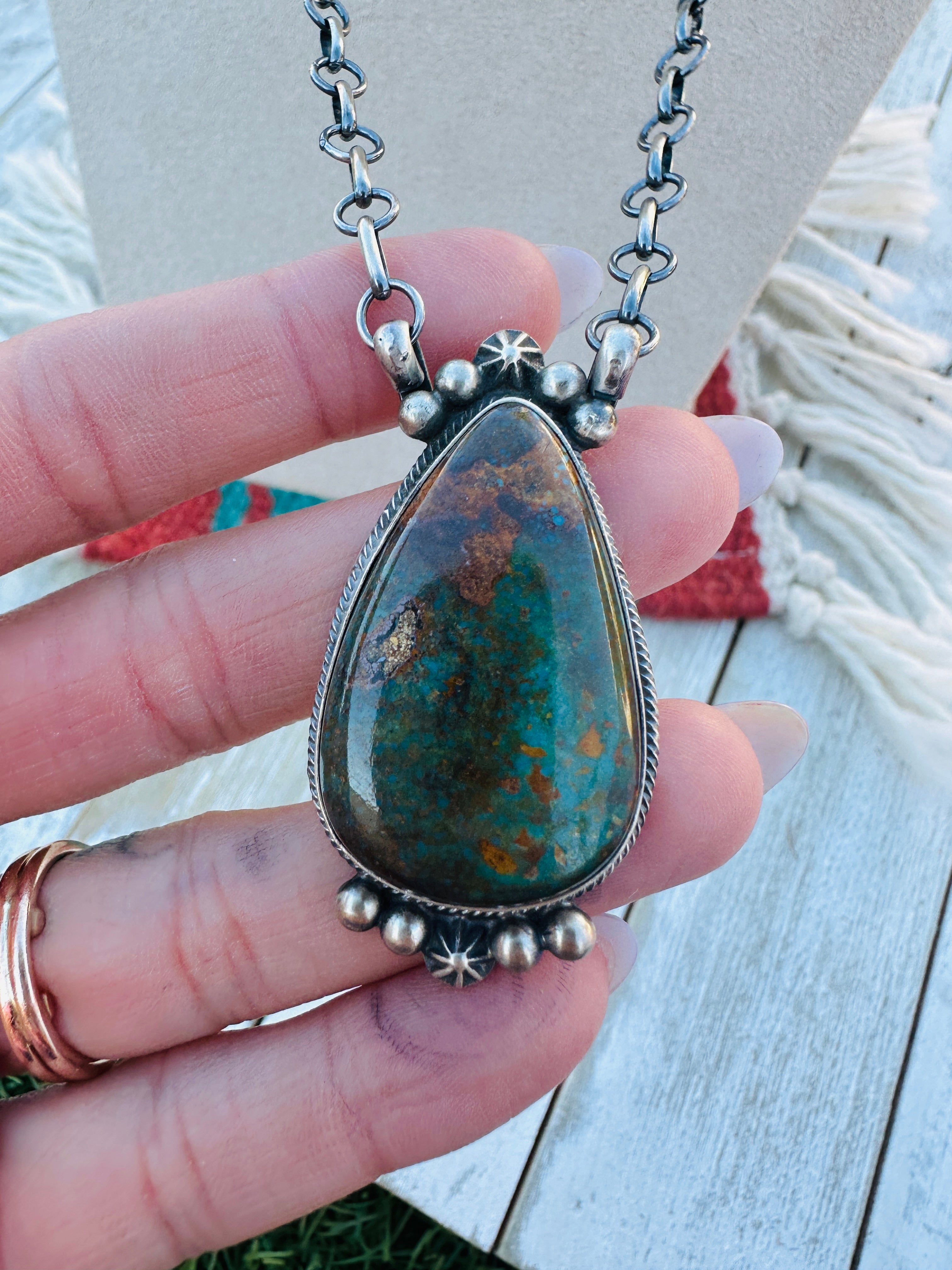 Handcrafted Sterling Silver 18” Link Chain & Royston Turquoise Necklace