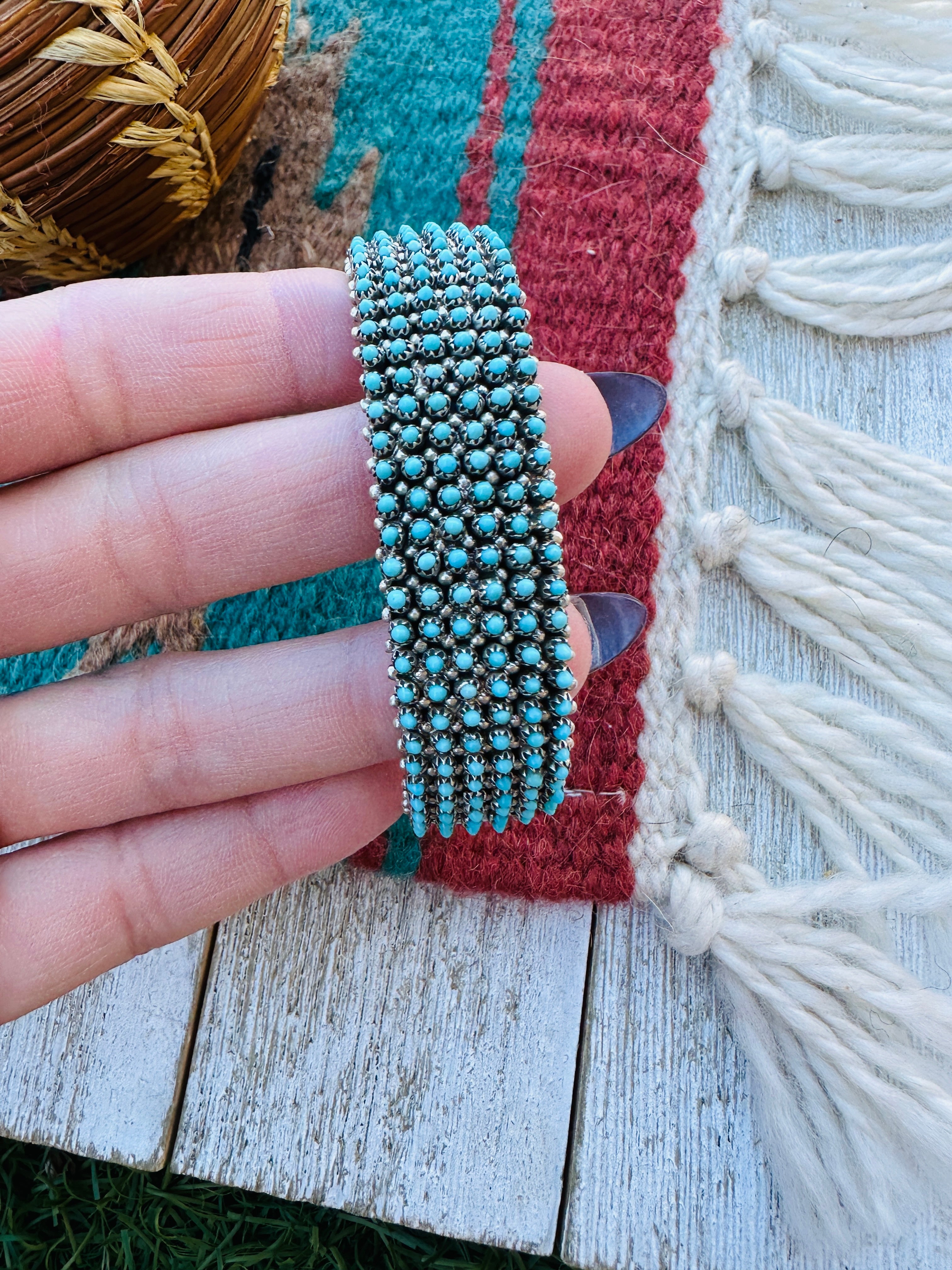 Handcrafted Old Pawn Sterling Silver & Kingman Turquoise Snake Eye Cuff Bracelet by Stephen Haloo