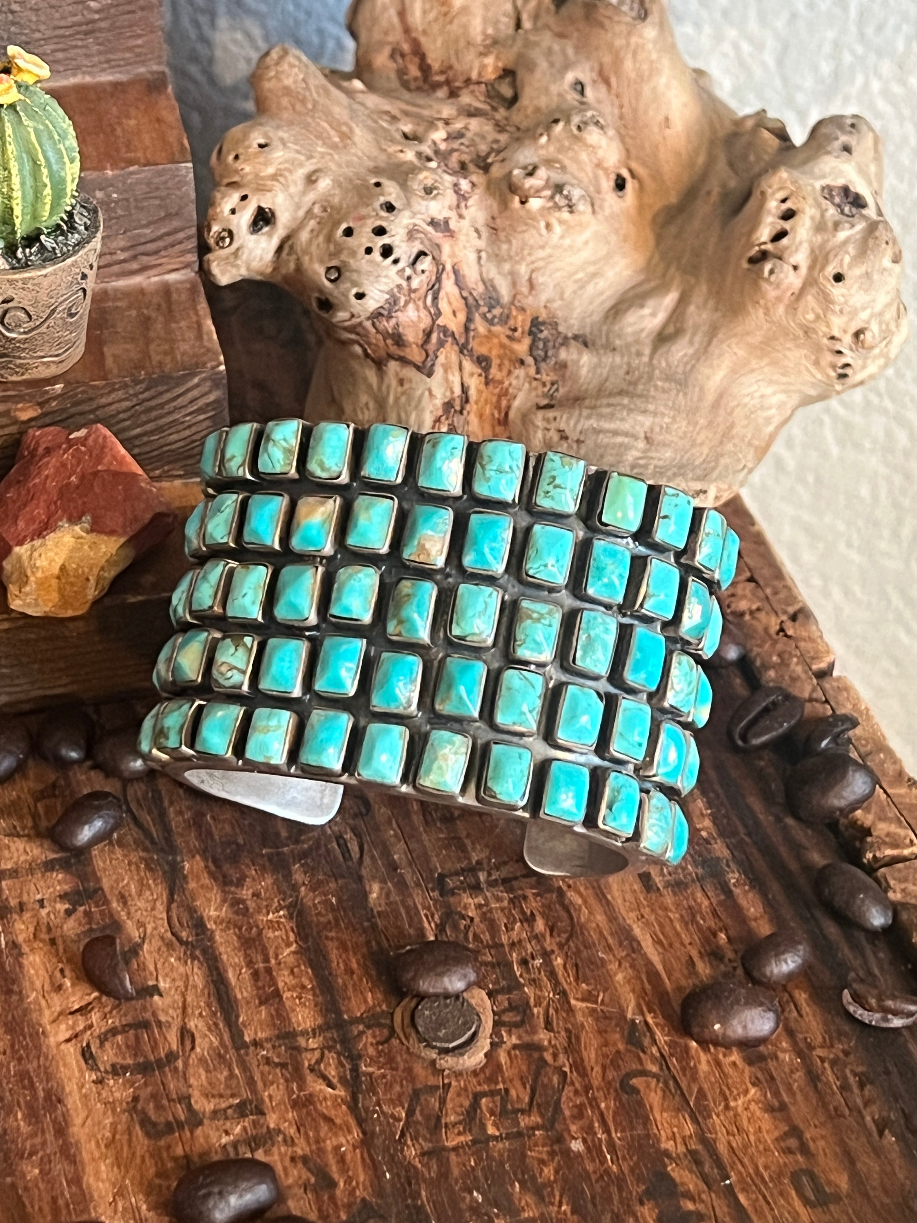 Hefty Old Pawn Sterling Silver and Turquoise 5 Row Cuff Bracelet by Federico Jimenez