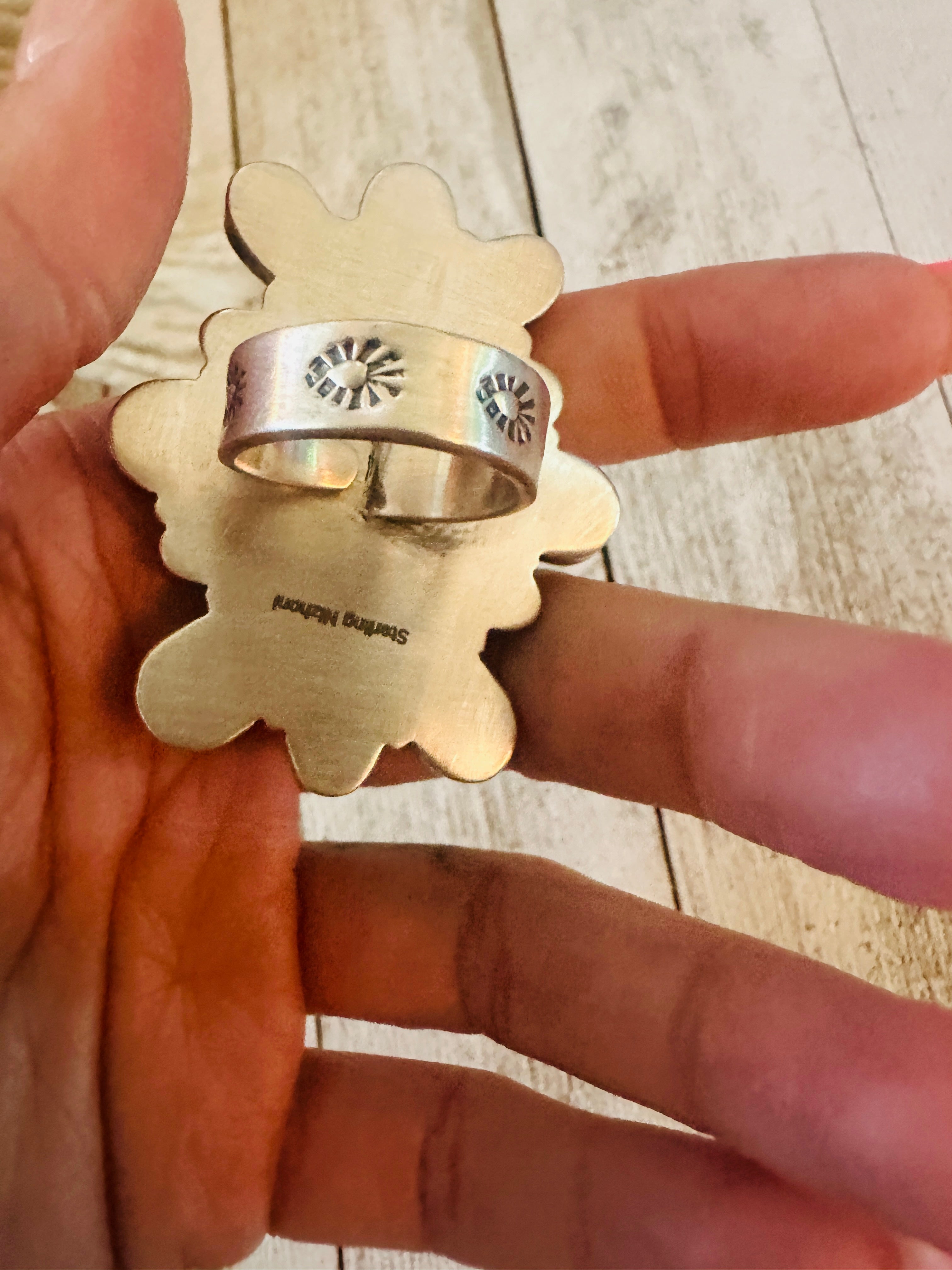 ** Christmas Collection ** Handmade Sterling Silver, Turquoise & Coral Adjustable Ring Signed Nizhoni