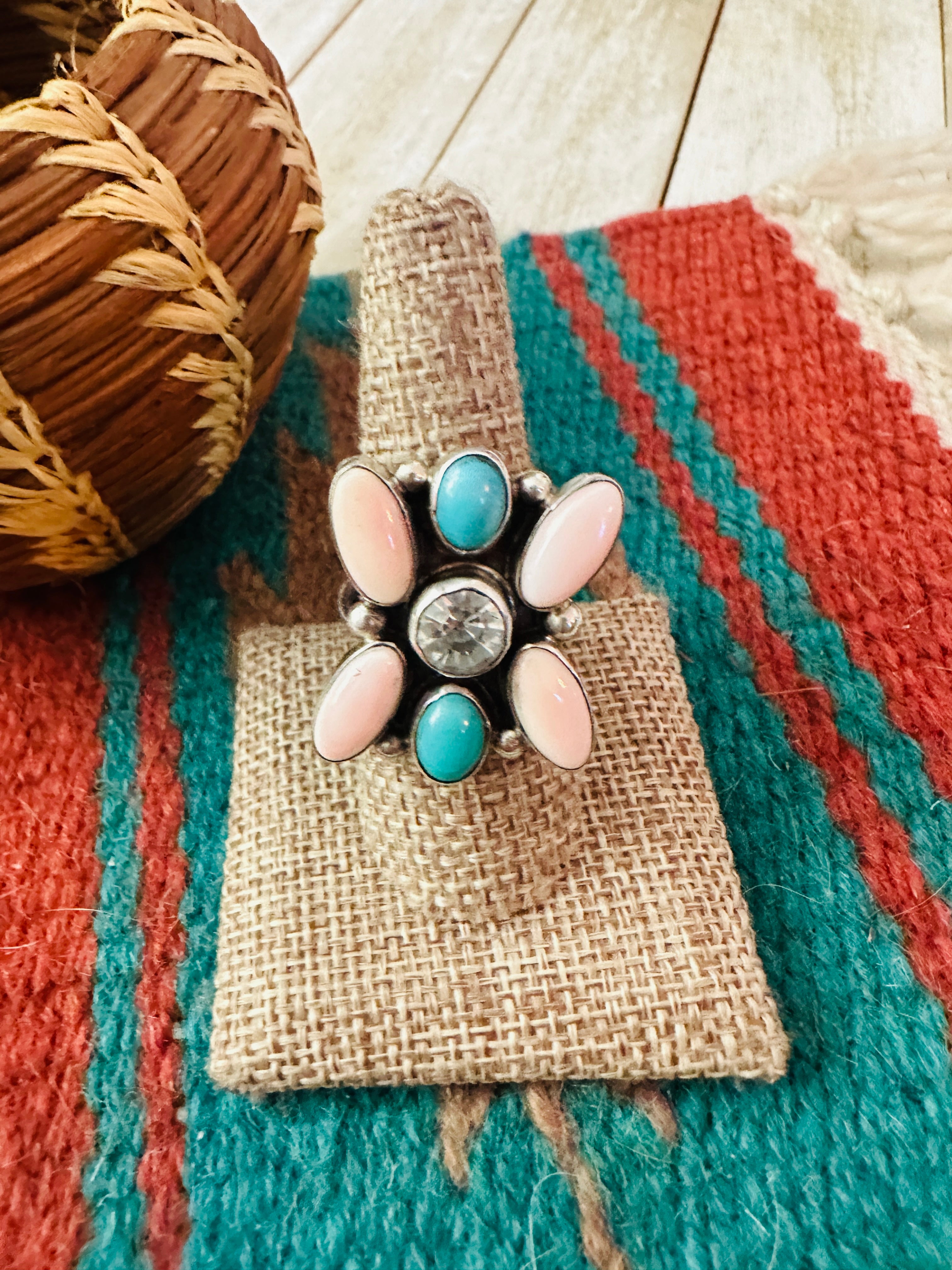 Handcrafted Queen Pink Conch, Turquoise & Sterling Silver Adjustable Ring by Jacqueline Silver