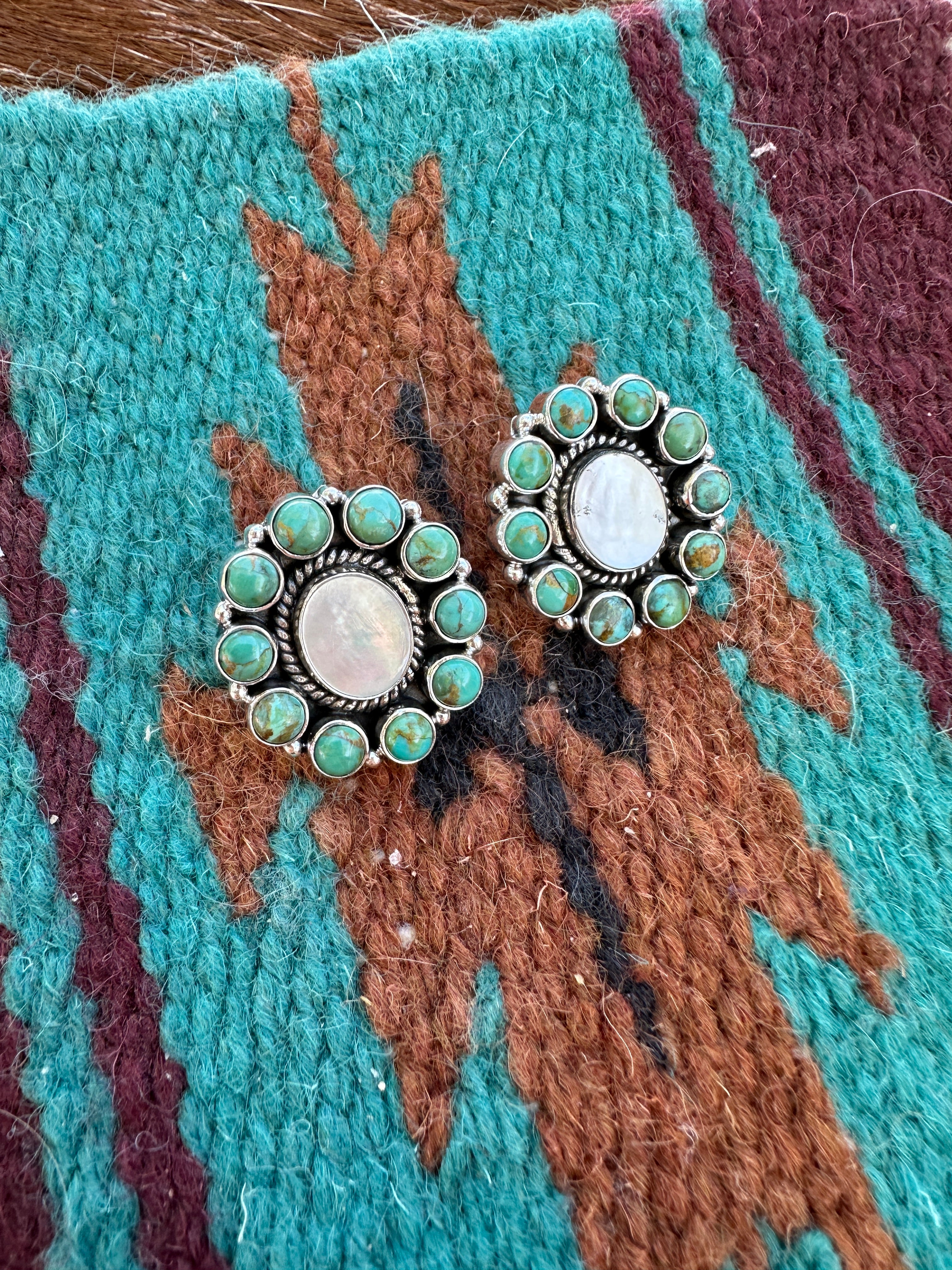 Handmade Turquoise, Mother of Pearl and Sterling Silver Post Earrings