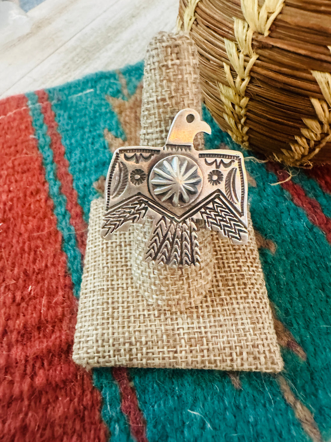 Handcrafted Hand Stamped Sterling Silver Thunderbird Adjustable Ring by Leroy James