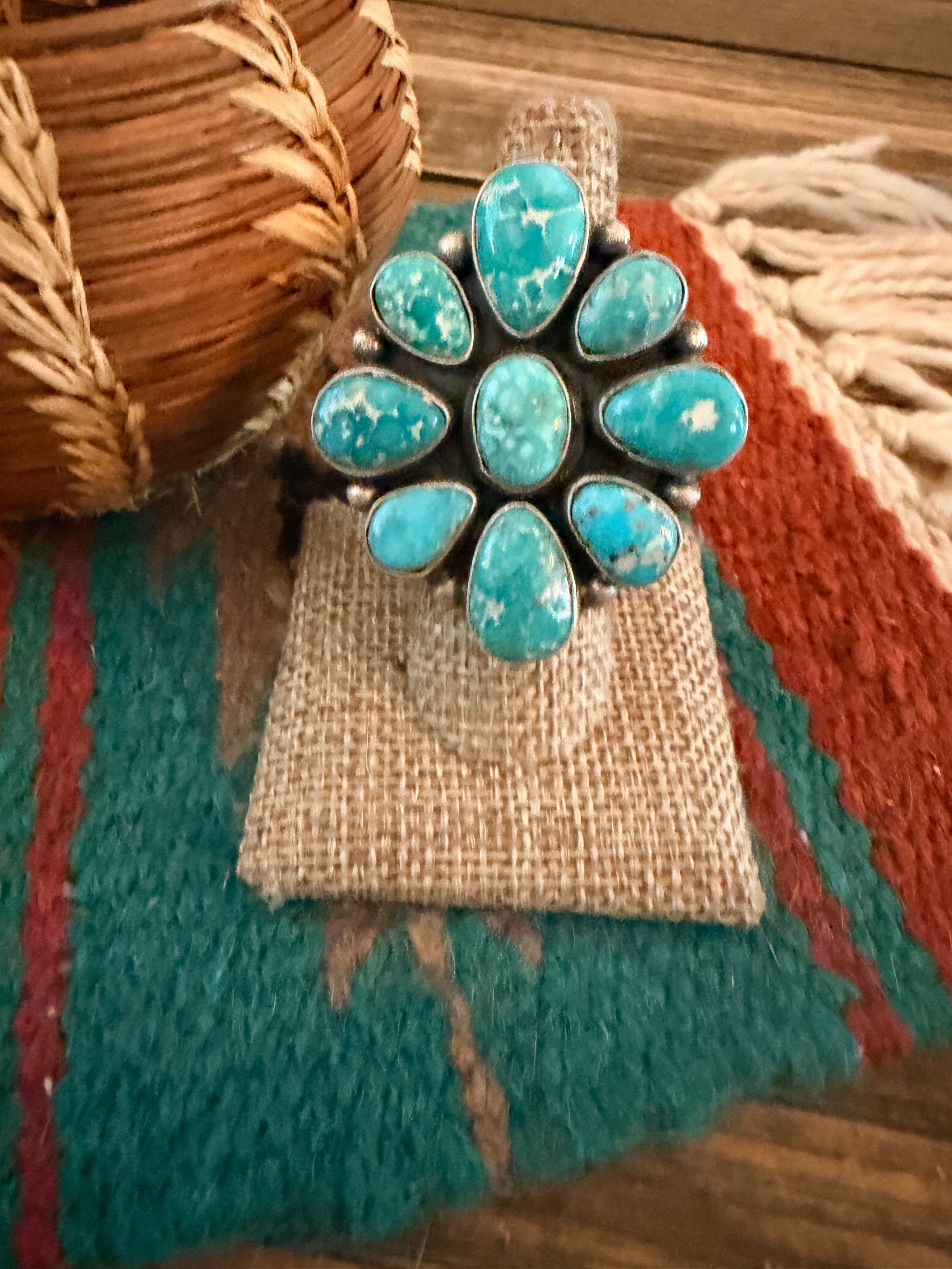 Handcrafted Turquoise & Sterling Silver Cluster Ring by Ella Peters Size 7