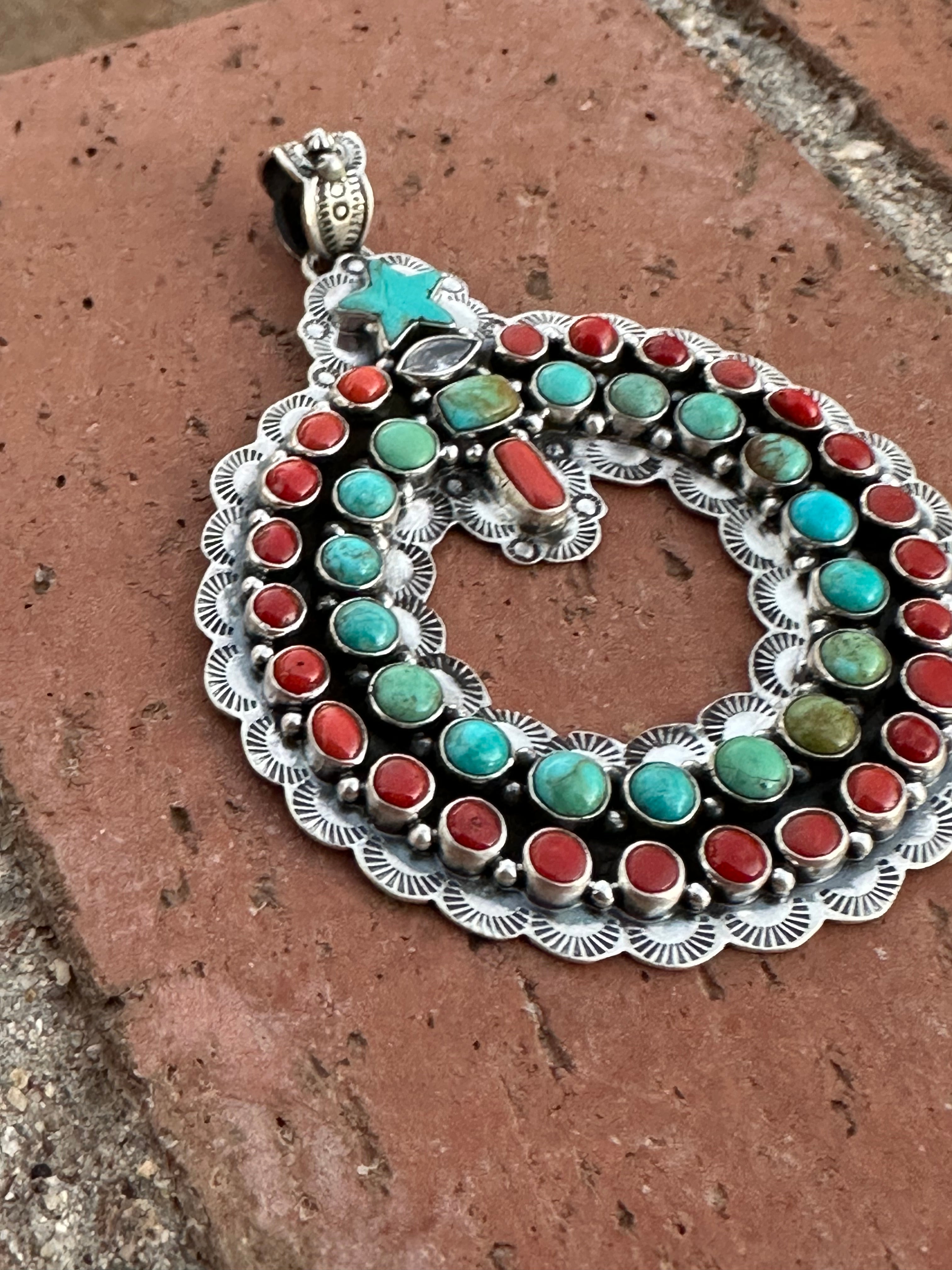 Handmade Sterling Silver, Coral & Kingman Turquoise Christmas Wreath Pendant