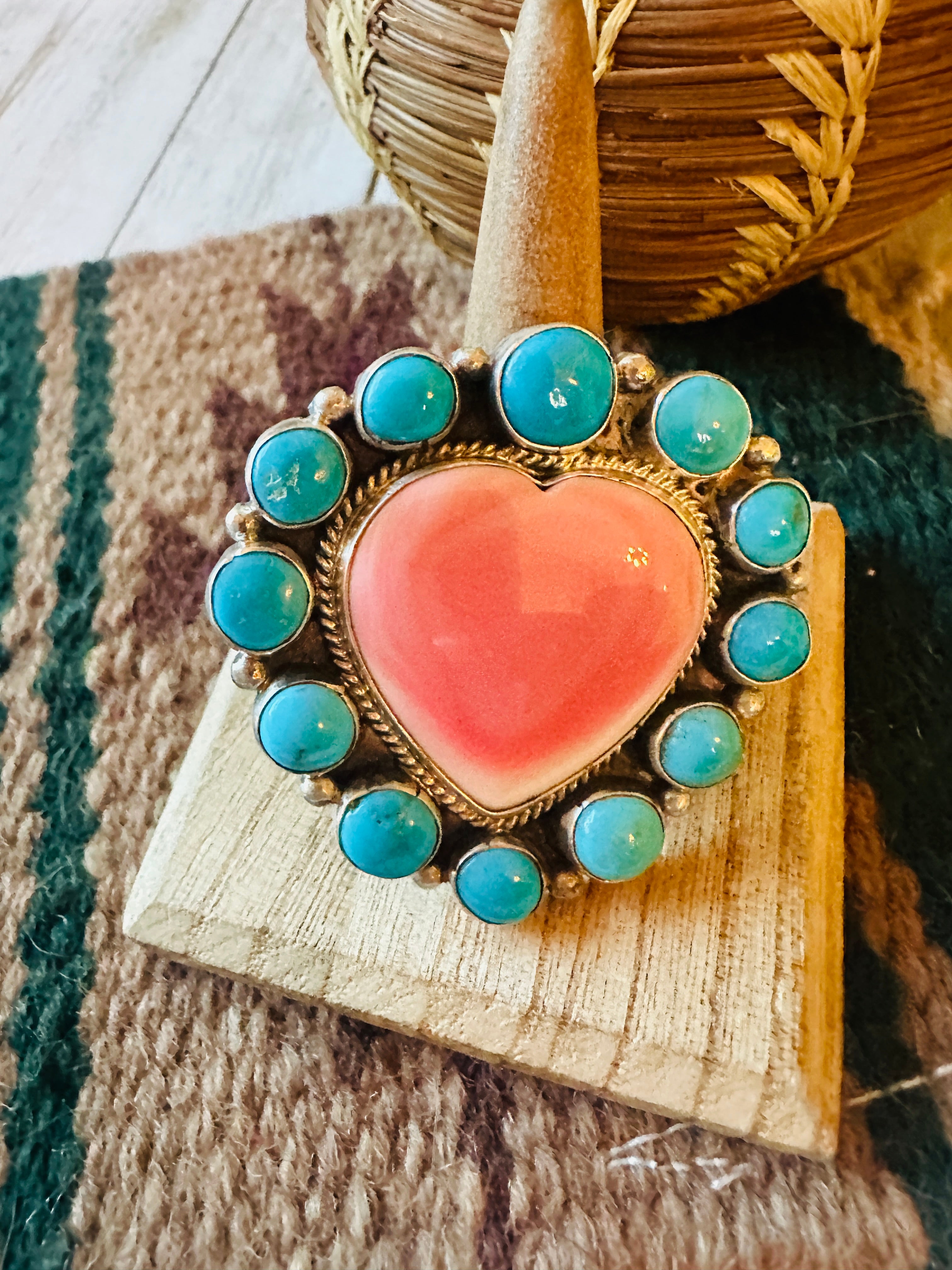 Navajo Sterling Silver, Queen Pink Conch & Turquoise Heart Adjustable Ring