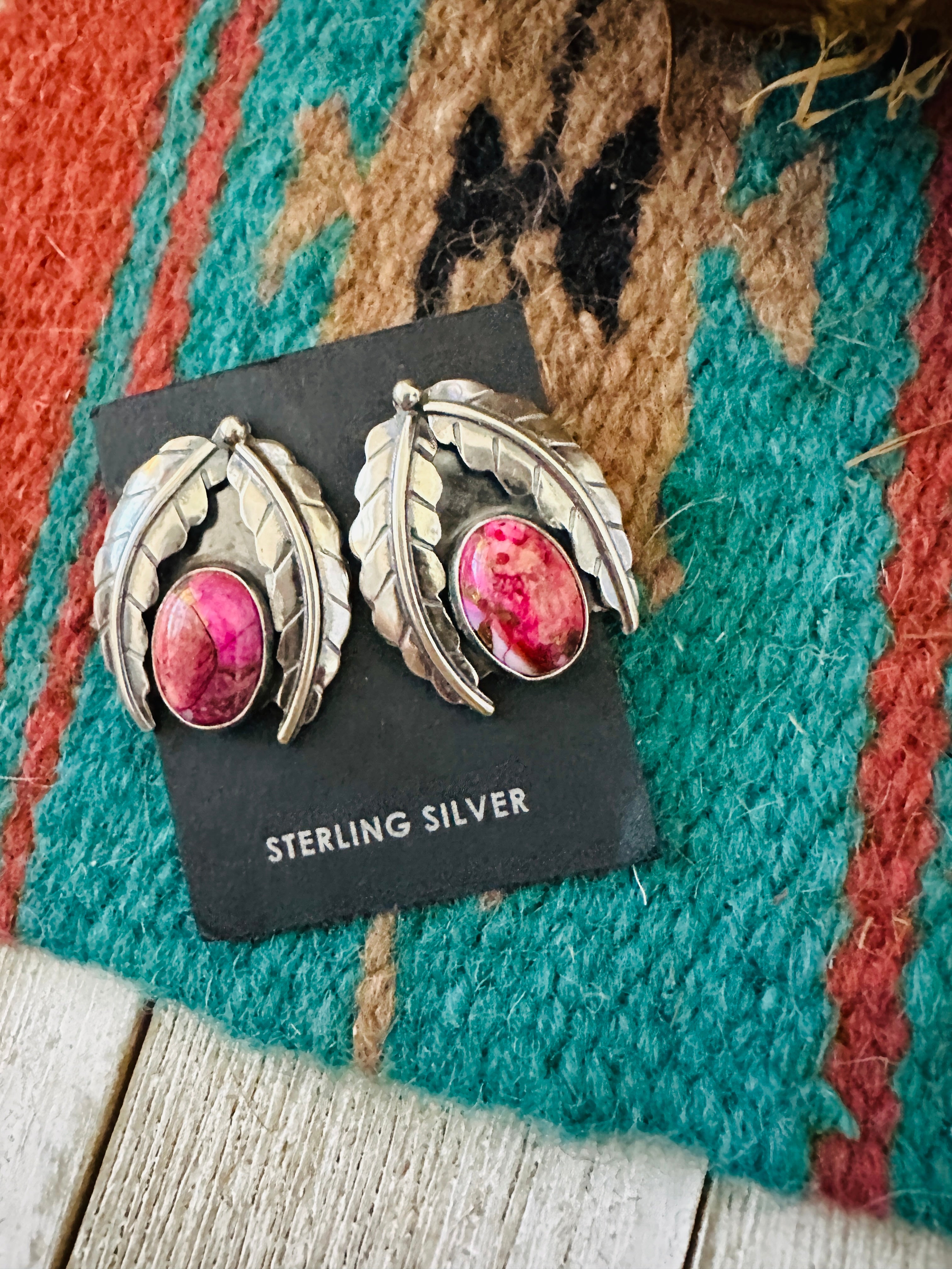 Navajo Pink Mojave & Sterling Silver Leaf Post Earrings
