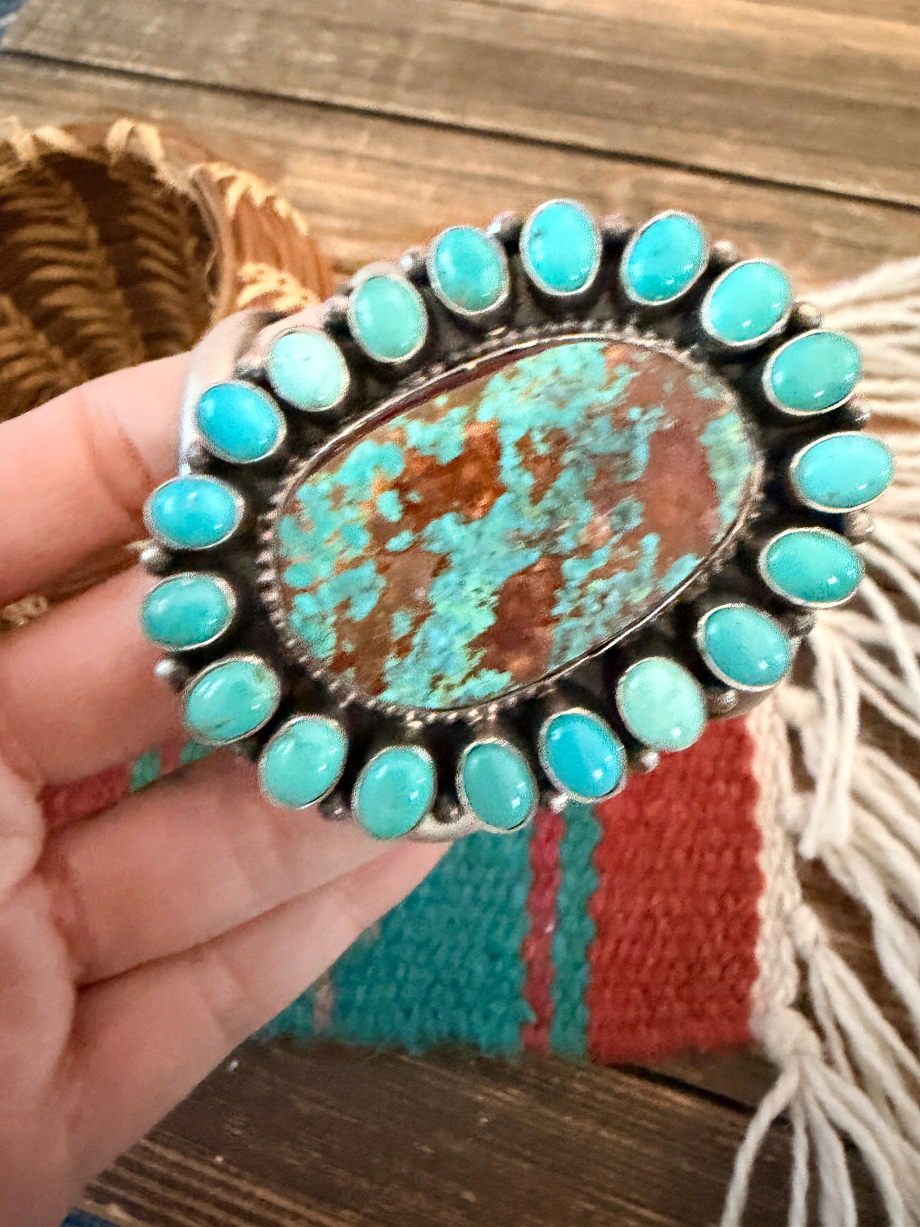 Handcrafted Royston Turquoise & Sterling Silver Cluster Cuff Bracelet by Bobby Johnson