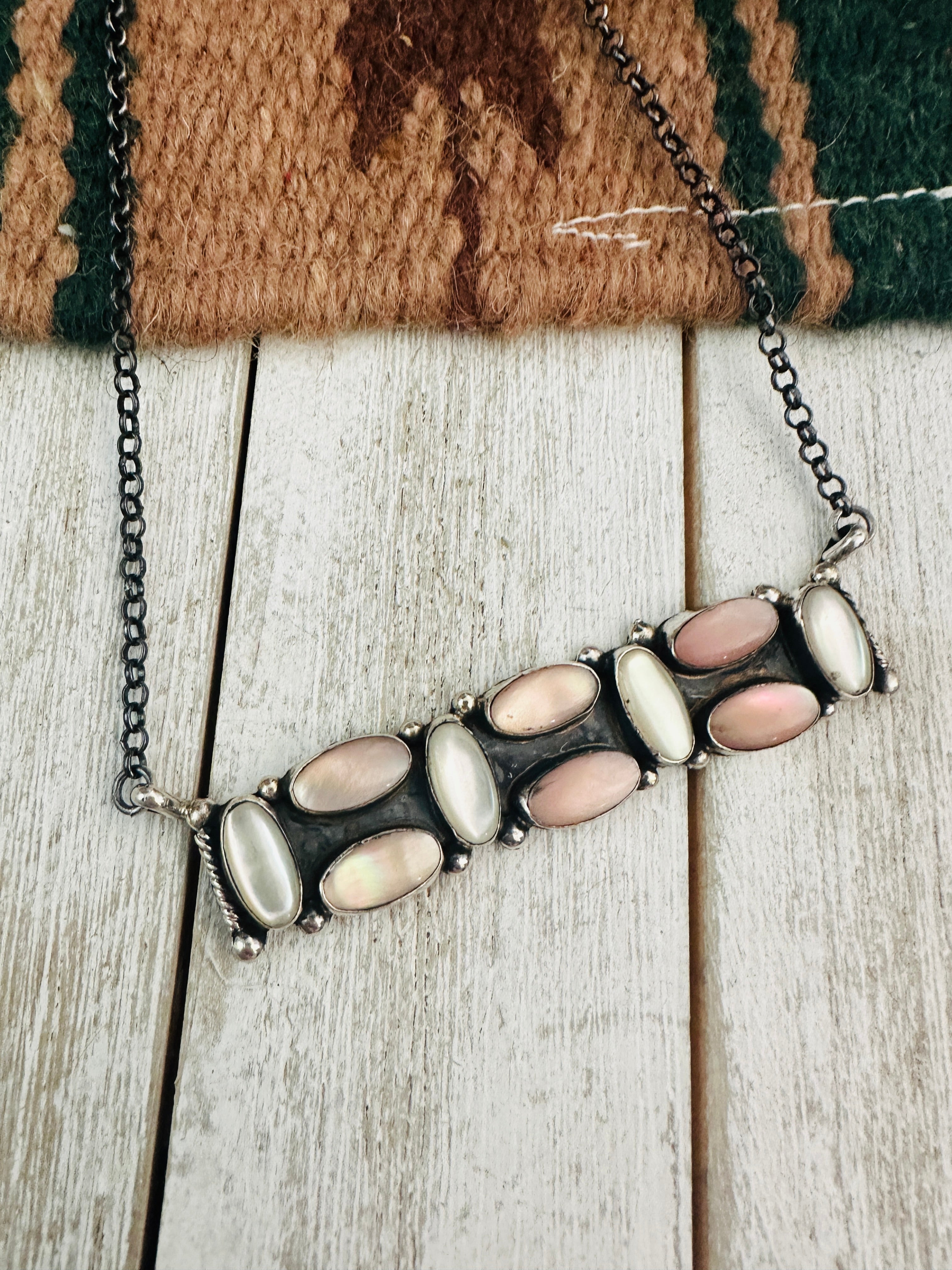 Navajo Sterling Silver & Mother of Pearl Bar Necklace by Jacqueline Silver