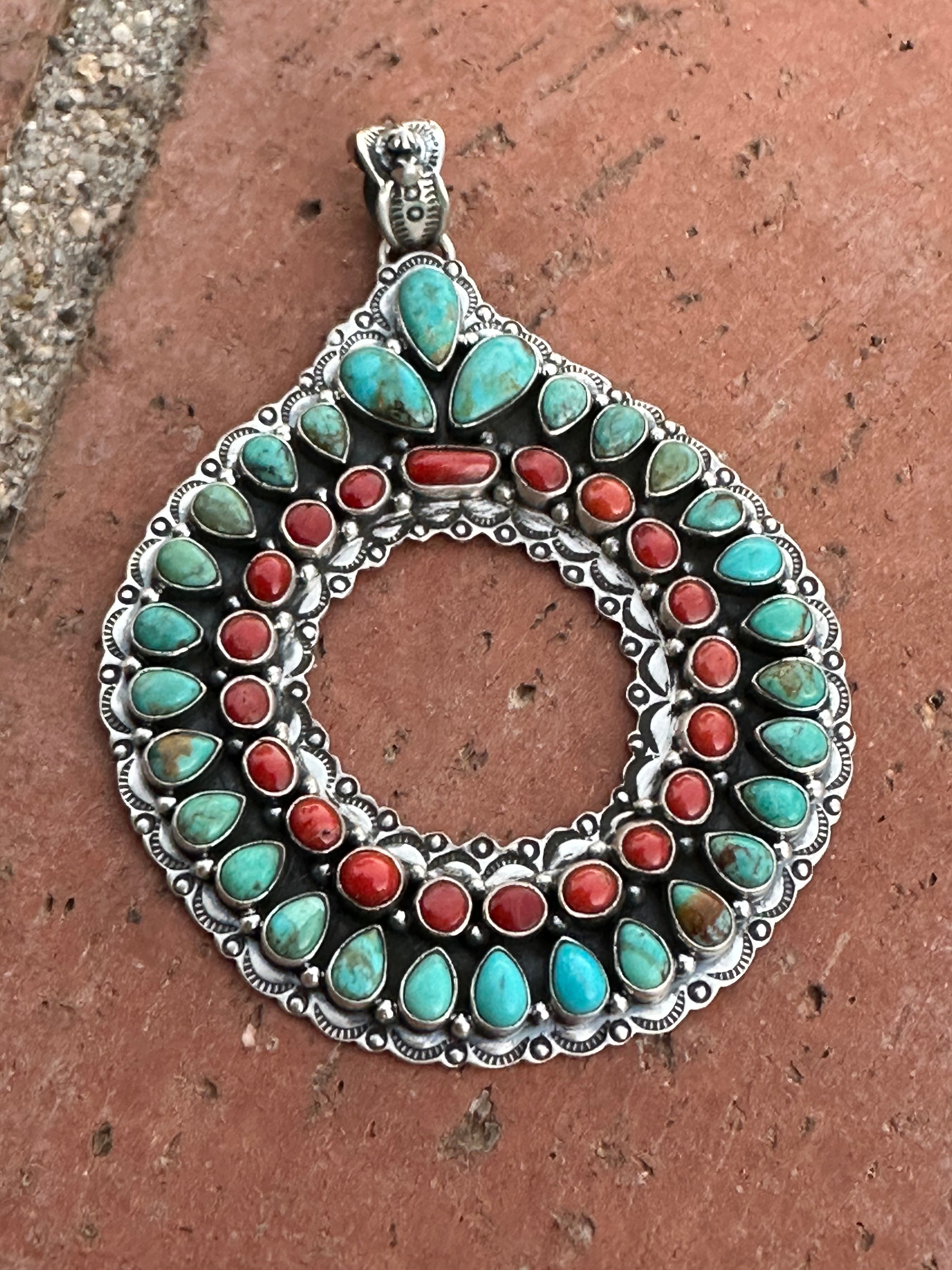 Handmade Sterling Silver, Coral & Kingman Turquoise Christmas Wreath Pendant